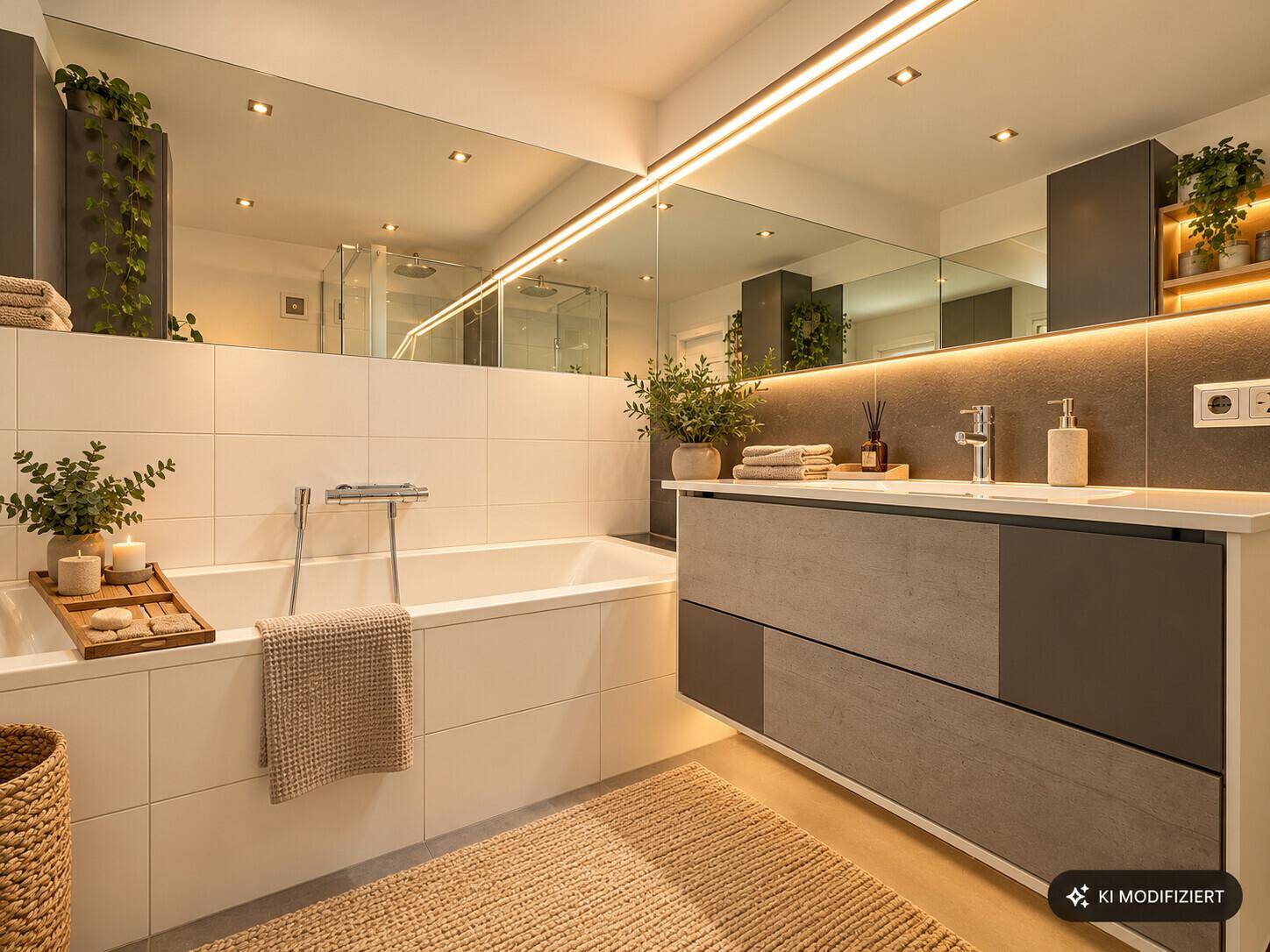 Modernes Badezimmer mit Badewanne, schwebendem Waschtisch und großem Spiegel.