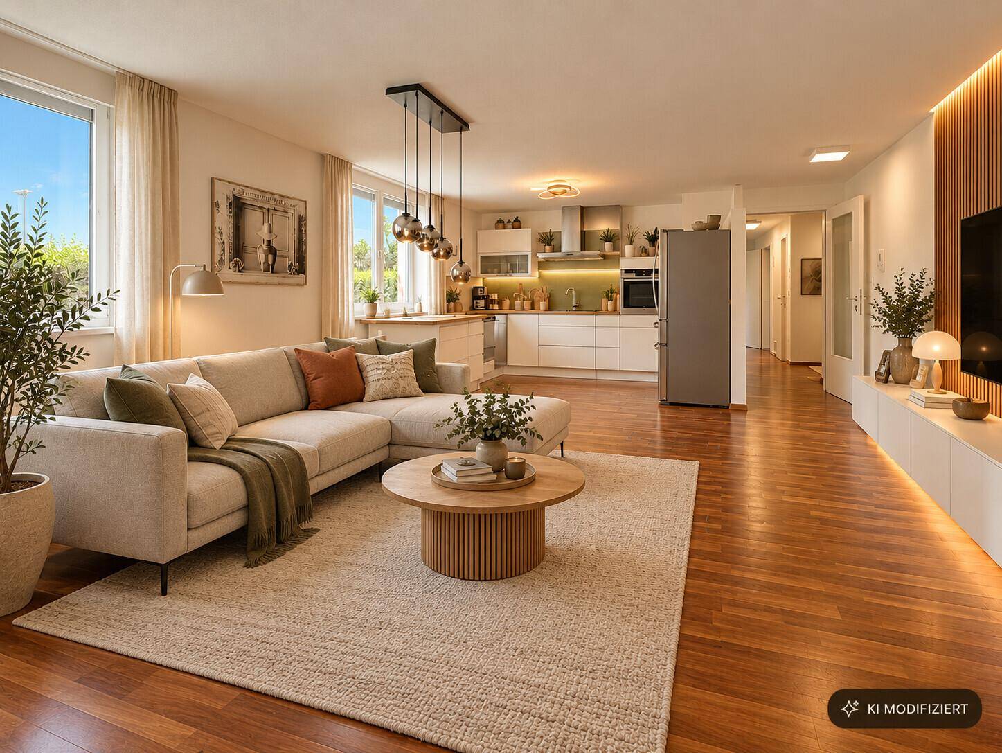 Moderner offener Wohnbereich mit beigem Sofa, Holzboden und integrierter Küche im Hintergrund.