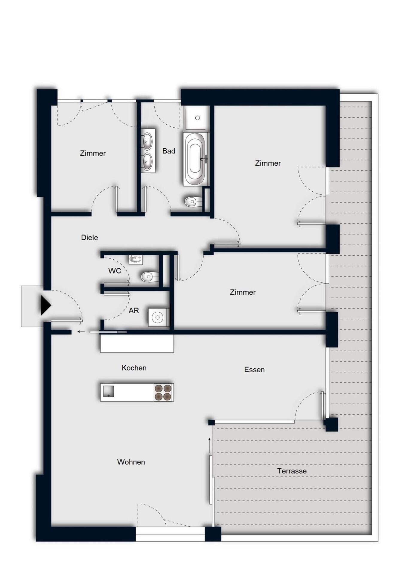 Grundriss einer Wohnung mit offenem Wohn- und Essbereich, separater Küche, drei Zimmern, Bad, Gäste-WC und Terrasse.