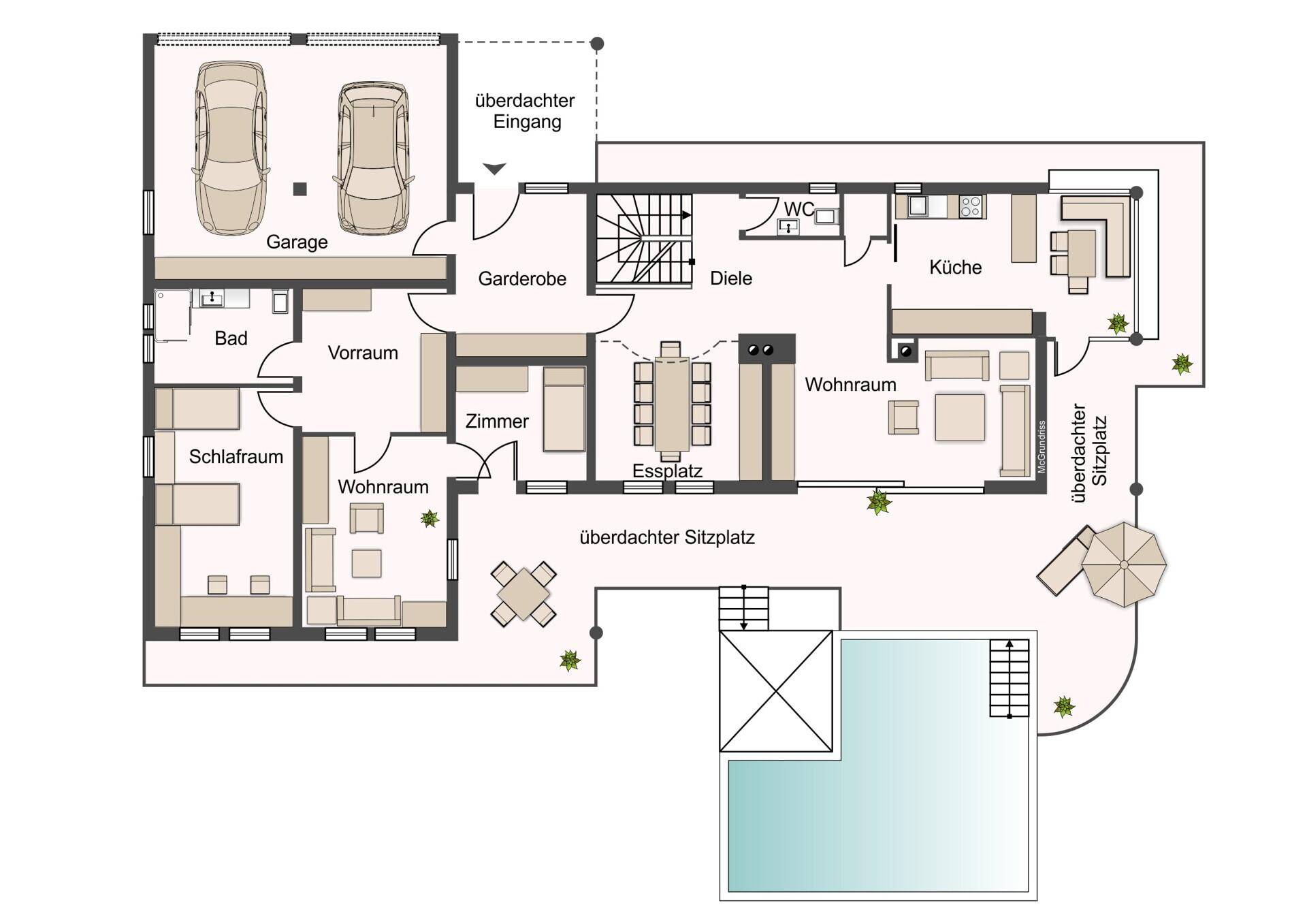 Grundriss des Erdgeschosses mit Garage, Wohnbereich, Küche, Schlafzimmer und überdachten Sitzplätzen.