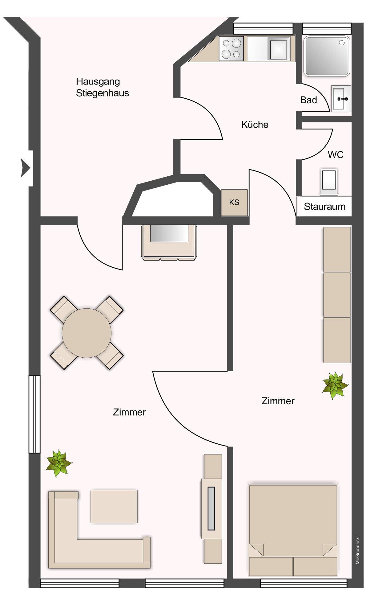Grundriss einer Wohnung mit zwei Zimmern, Küche, Bad und separatem WC.