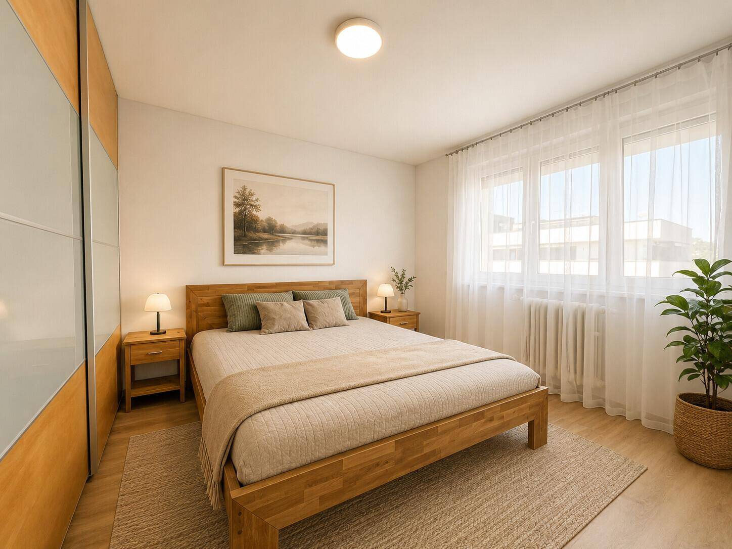 Helles Schlafzimmer mit Holzbett, integriertem Kleiderschrank und großen Fenstern für viel Tageslicht.