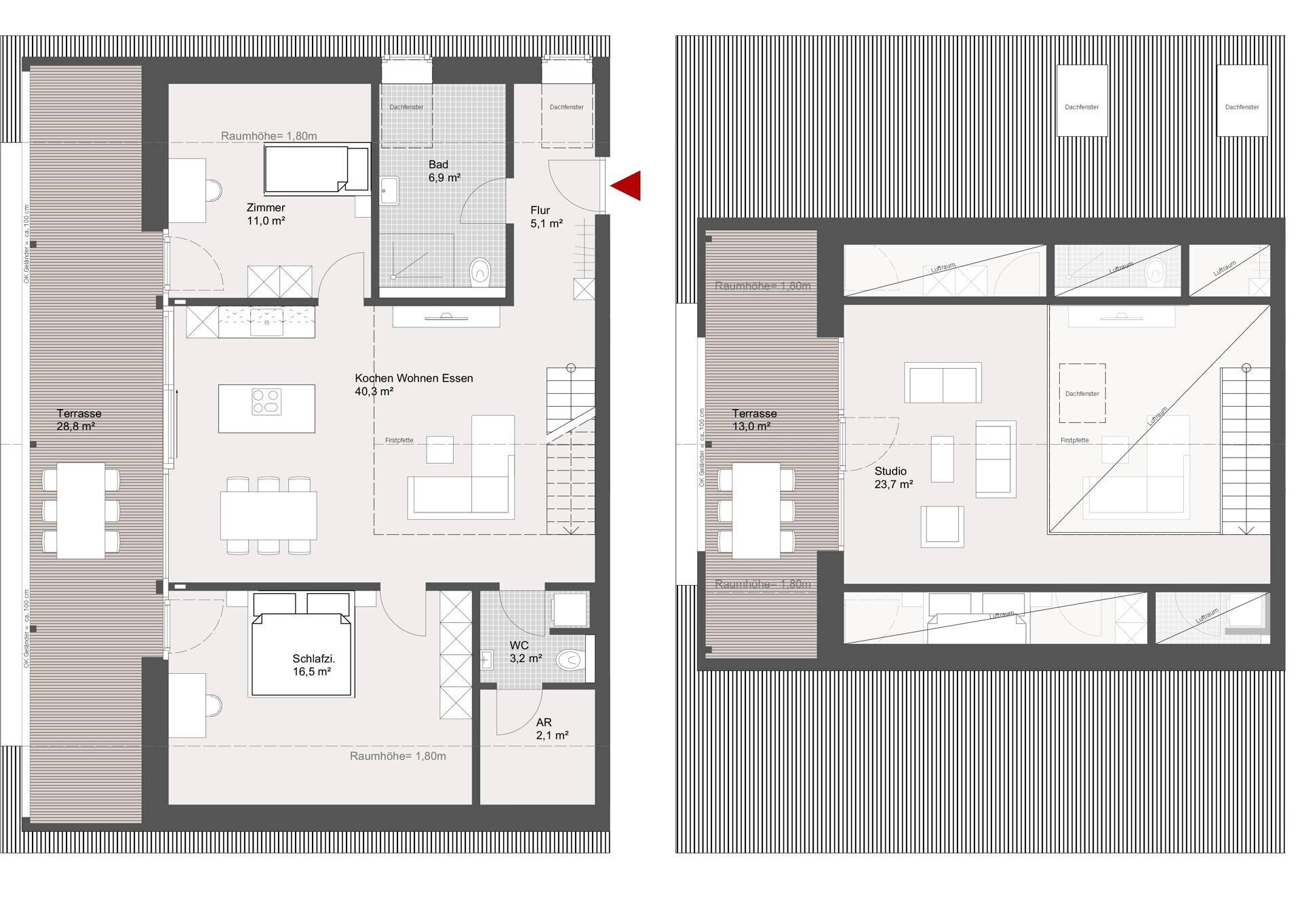 Grundrisspläne zeigen zwei Ebenen mit offenem Wohnbereich, Terrasse und Studioaufteilung.