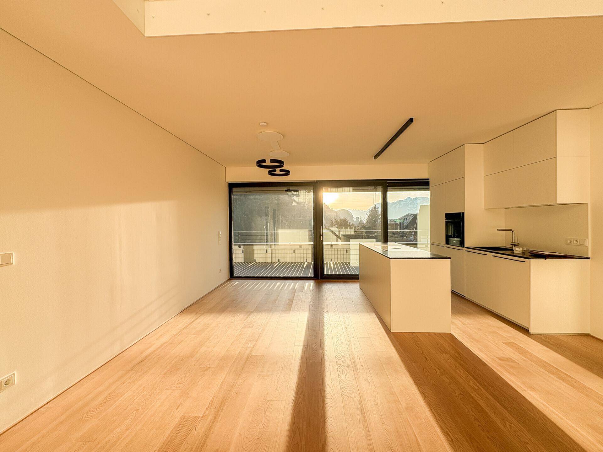 Moderner Wohn- und Essbereich mit Kücheninsel, weißen Schränken und Zugang zur Terrasse.