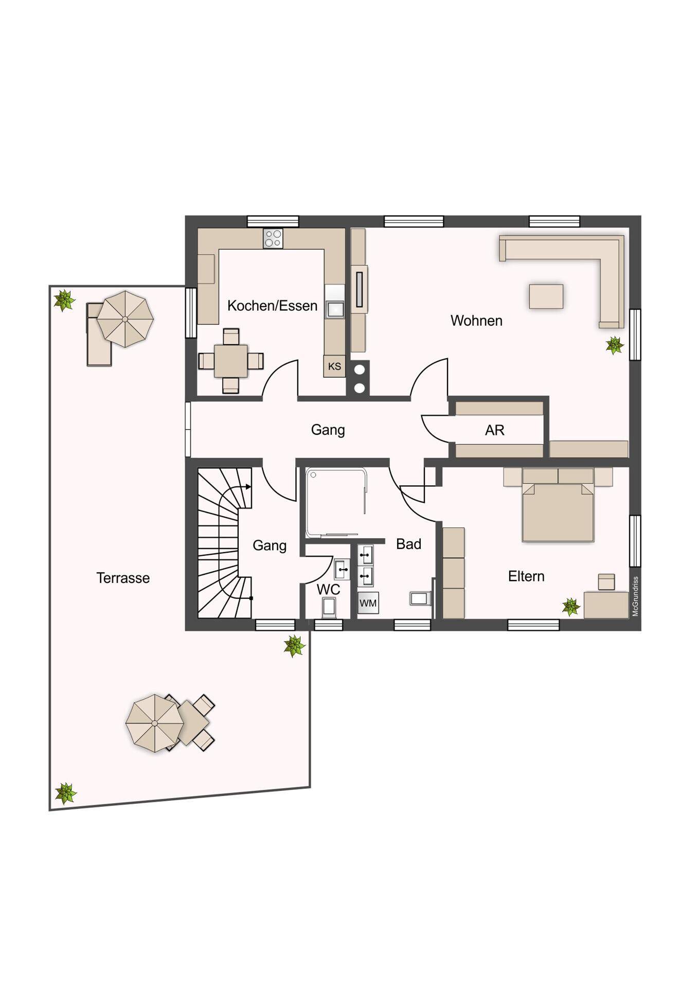 Grundriss des Obergeschosses mit großer Terrasse, Wohnbereich, Küche/Essbereich, Schlafzimmer und Bad.