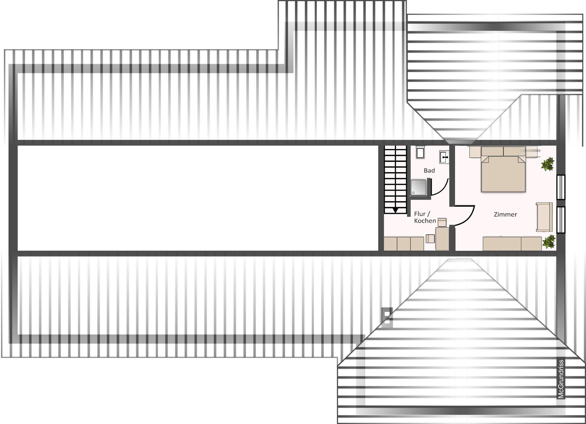Grundriss des Dachgeschosses mit einem Zimmer, Bad und einem Bereich für Flur/Küche.