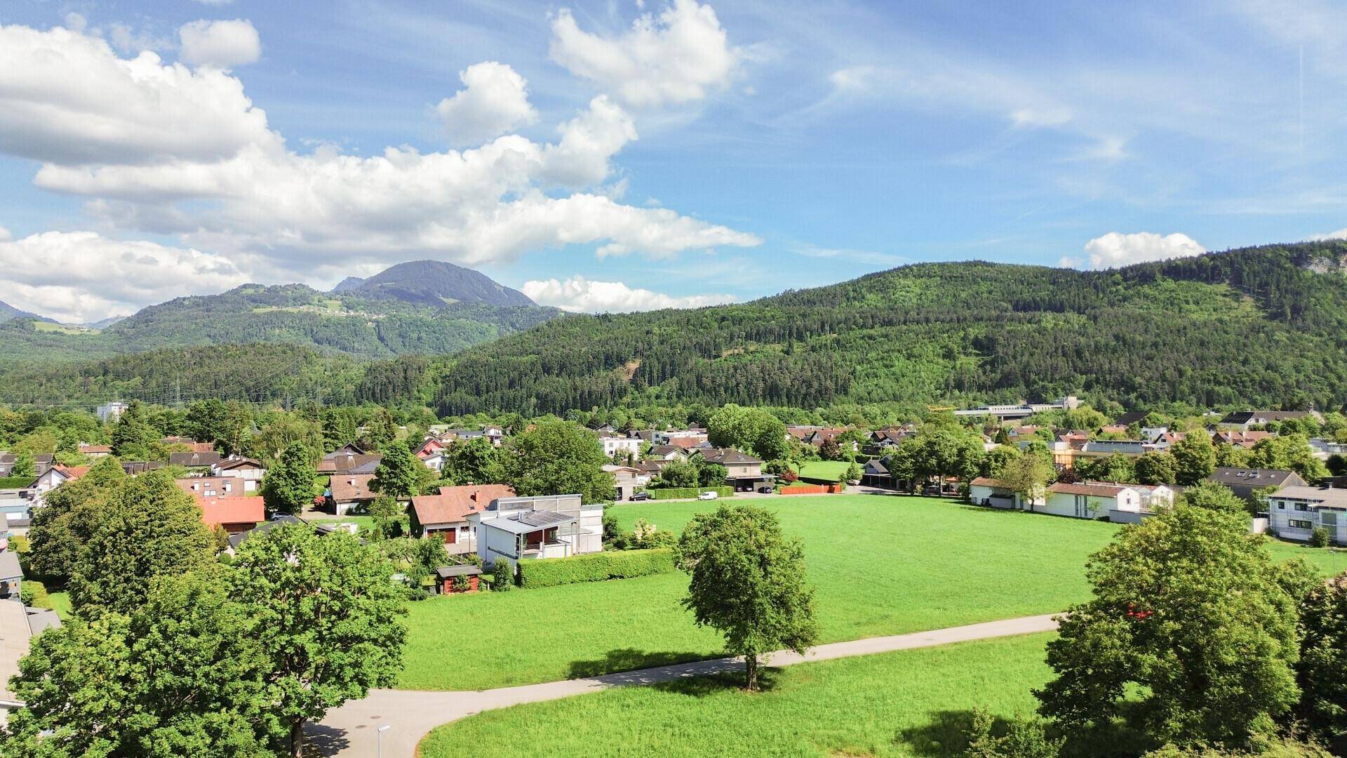 Weitläufiger Blick auf grüne Hügel, Bäume und eine ländliche Umgebung unter blauem Himmel.