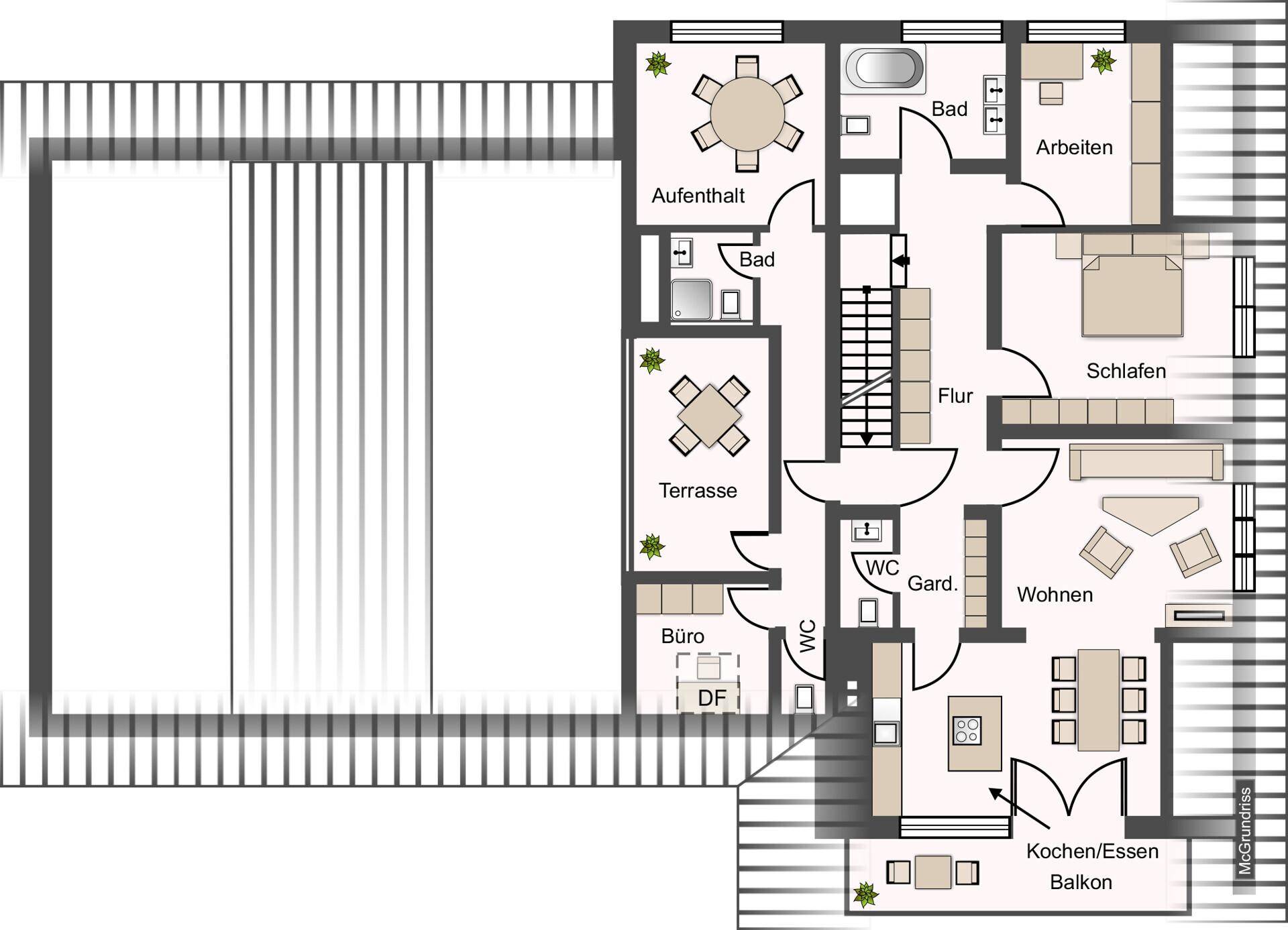 Detaillierter Grundriss einer Wohnung mit Wohn-, Schlaf- und Arbeitsbereichen sowie Terrasse und Balkon.