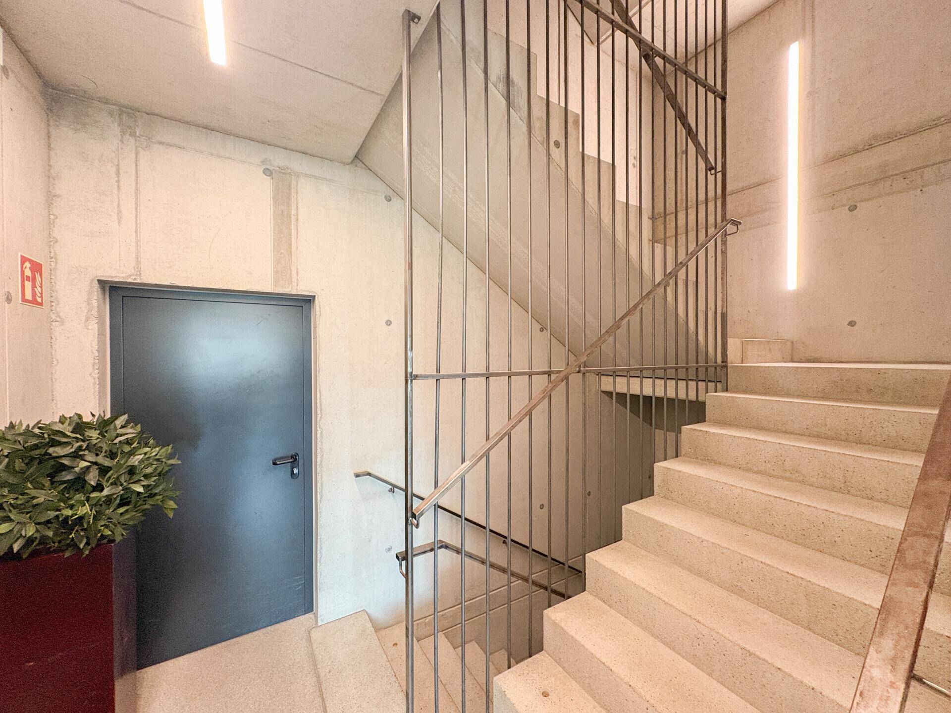 Treppenhaus in modernem Beton-Design mit Metallgeländer und indirekter Beleuchtung.
