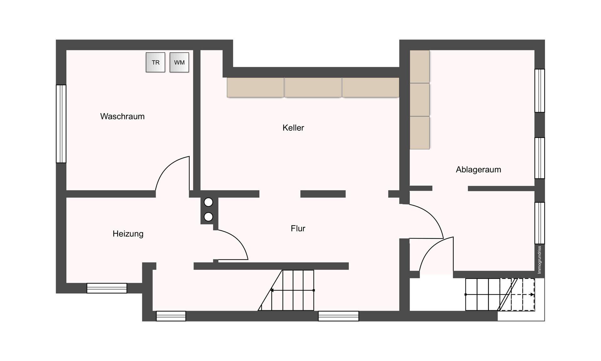 Grundriss des Kellergeschosses mit Waschraum, Heizung und verschiedenen Abstellräumen.