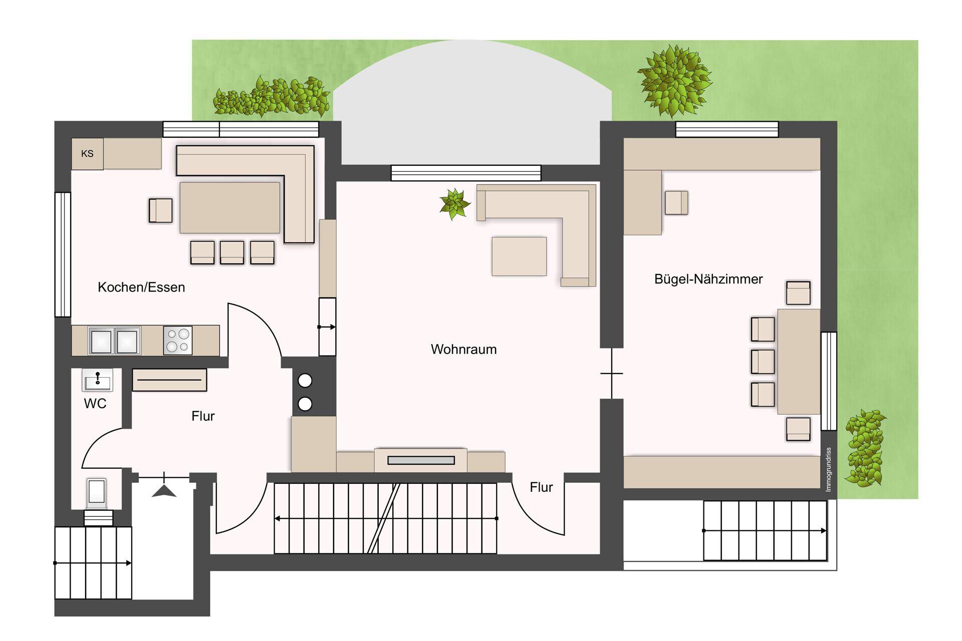 Grundriss des Erdgeschosses mit offener Küche, Wohnraum und einem Bügelzimmer.
