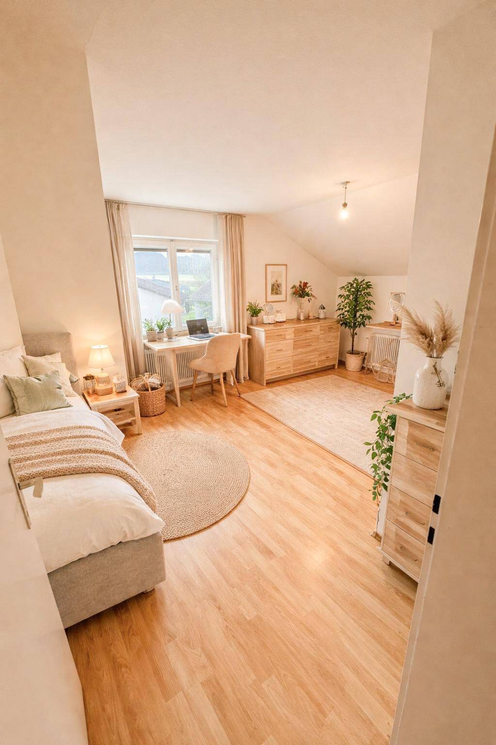 Gemütliches Schlafzimmer mit Dachschräge, Holzboden und hellem Mobiliar.