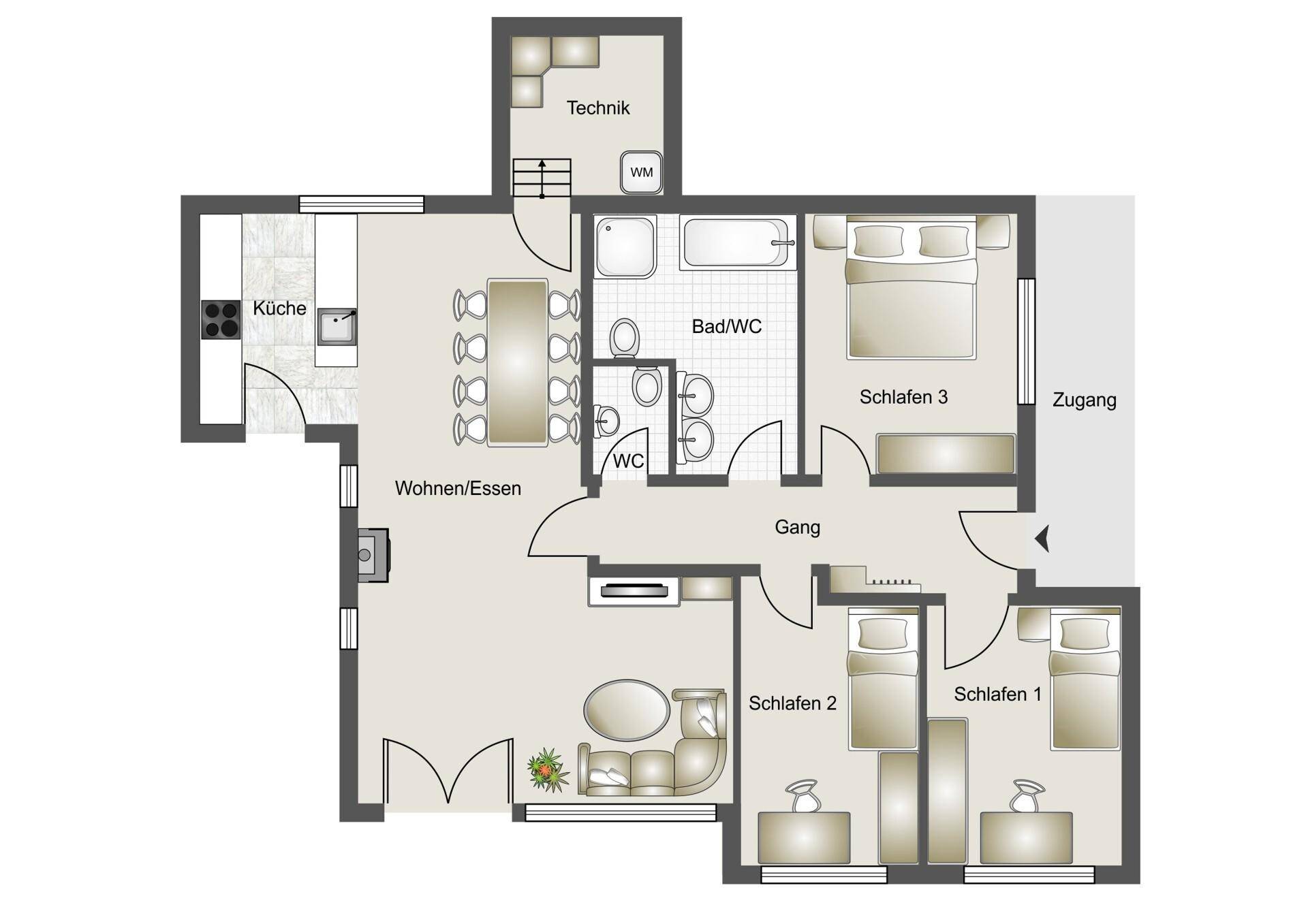 Grundrissplan der Wohnung mit drei Schlafzimmern, Wohn-Essbereich und Zugang.