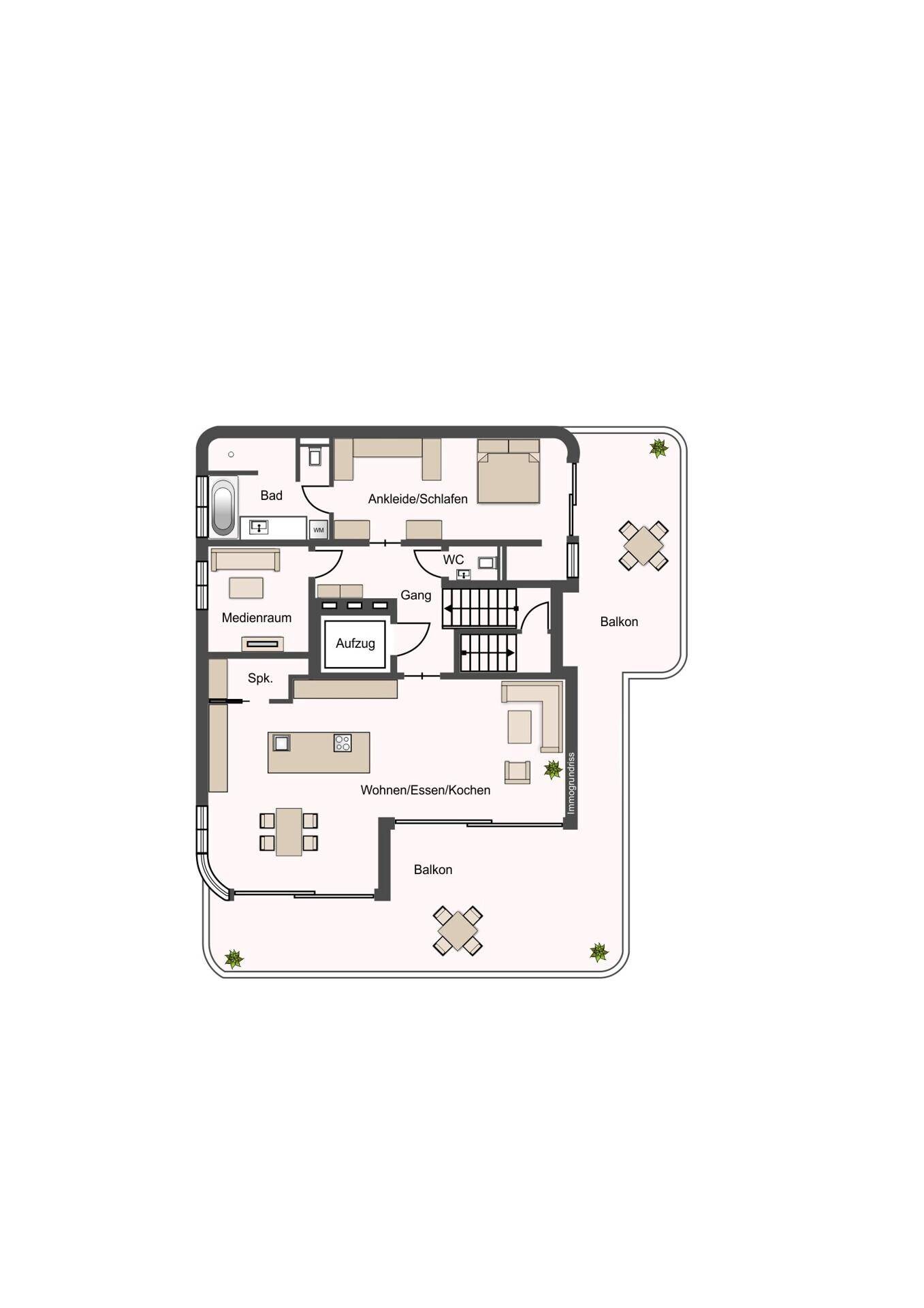 Grundriss einer Wohnung mit Medienraum, Schlafzimmer, Bad, Wohn-Ess-Kochbereich und Balkonen.