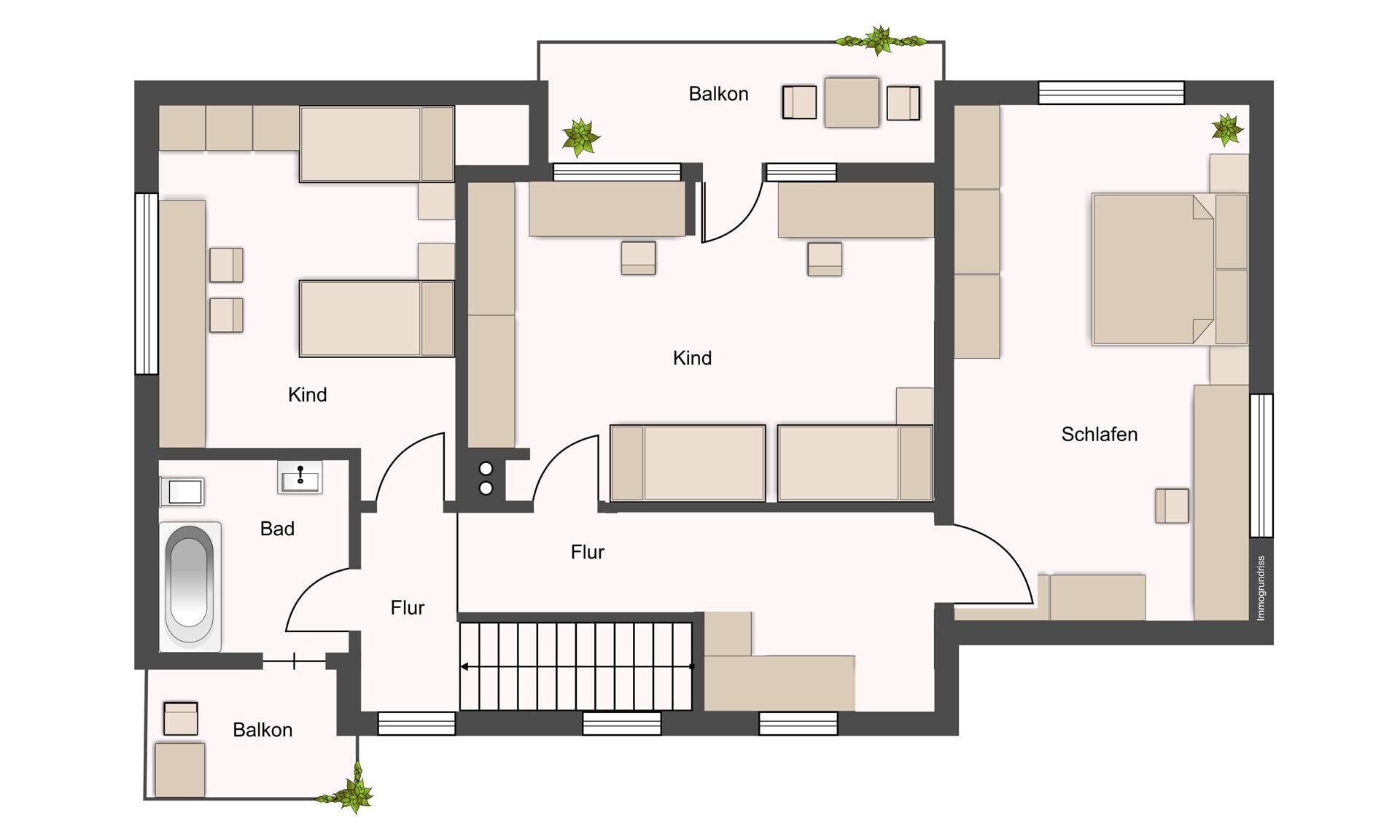 Grundriss des Obergeschosses mit Schlafzimmern, Kinderzimmern und einem Badezimmer.