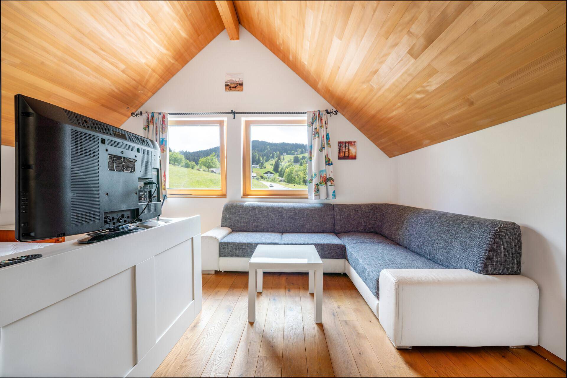 Gemütlicher Wohnbereich im Dachgeschoss mit Holzschrägdecke, grauem Ecksofa und Fernseher, mit Blick ins Grüne.