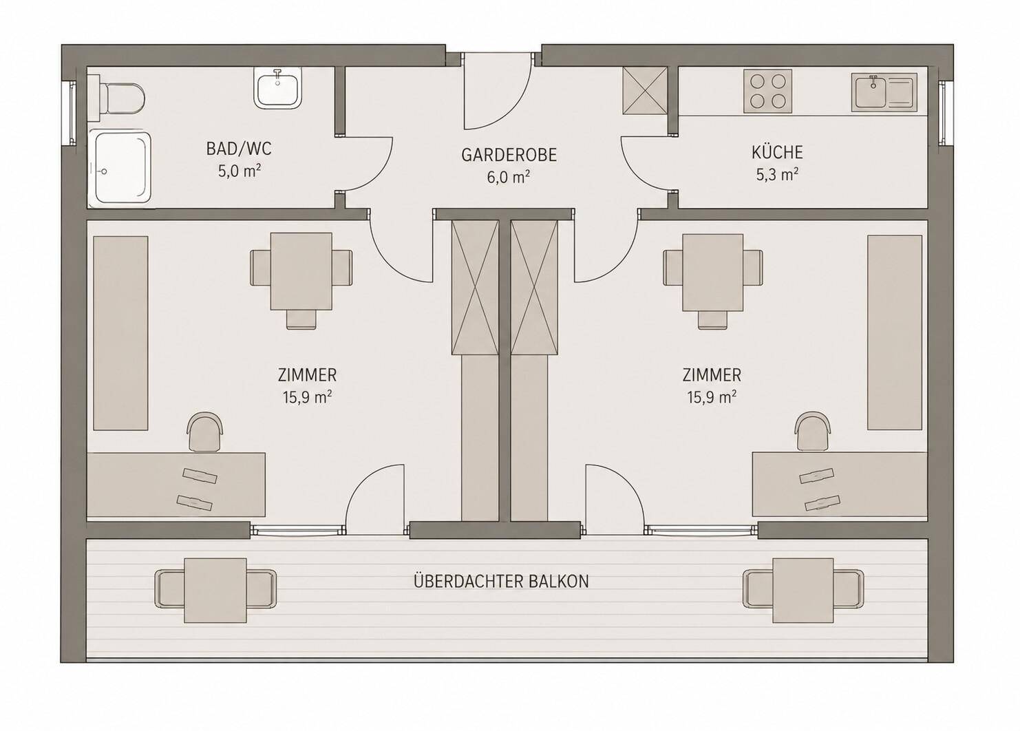 Grundriss einer Wohnung mit zwei Zimmern, Bad, Küche, Garderobe und überdachtem Balkon.
