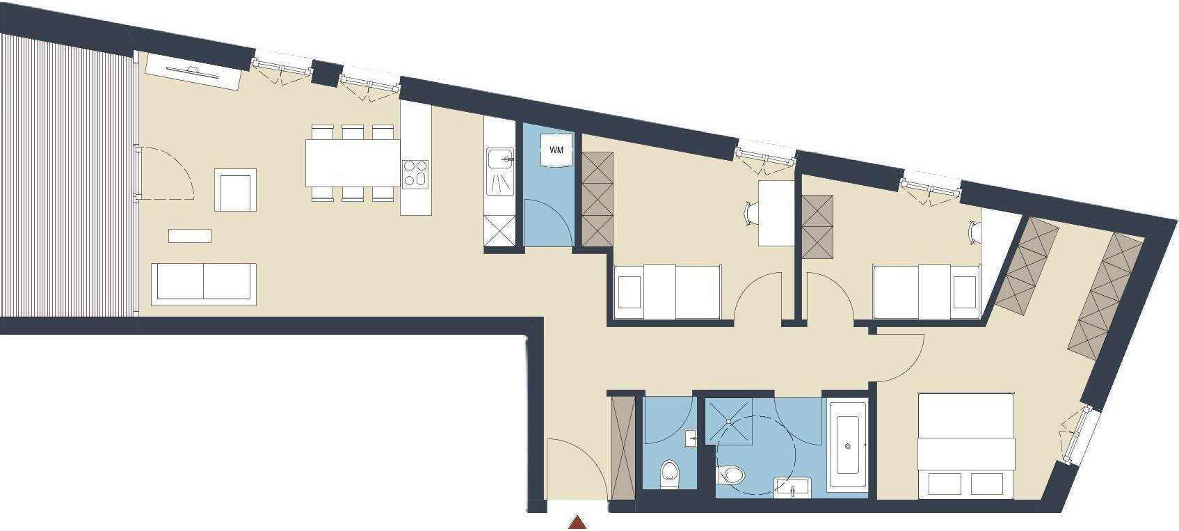Grundriss einer Wohnung mit offenem Wohnbereich, drei Schlafzimmern und großem Balkon.