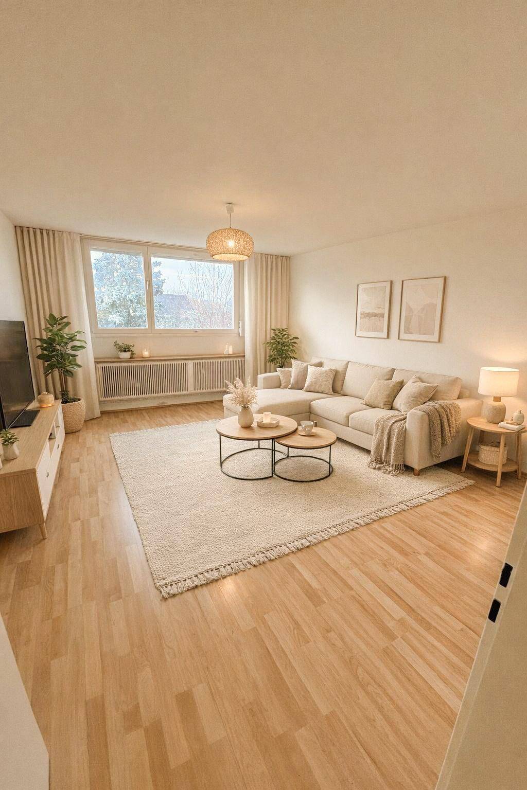 Helles Wohnzimmer mit großem Sofa, Couchtischen und Laminatboden.