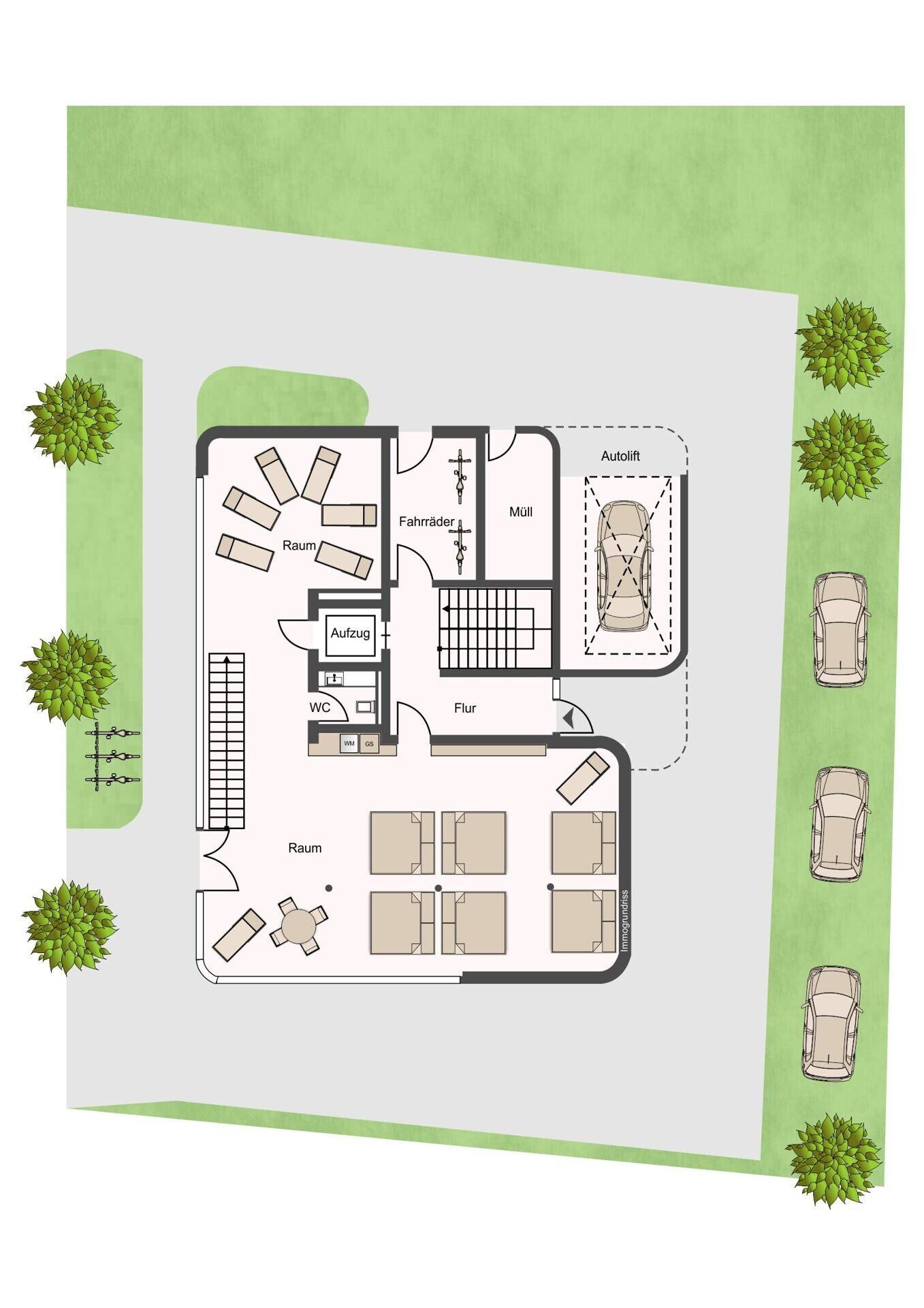 Grundriss des Erdgeschosses mit Verkaufsfläche, Fahrradraum, Müllraum und Autolift.