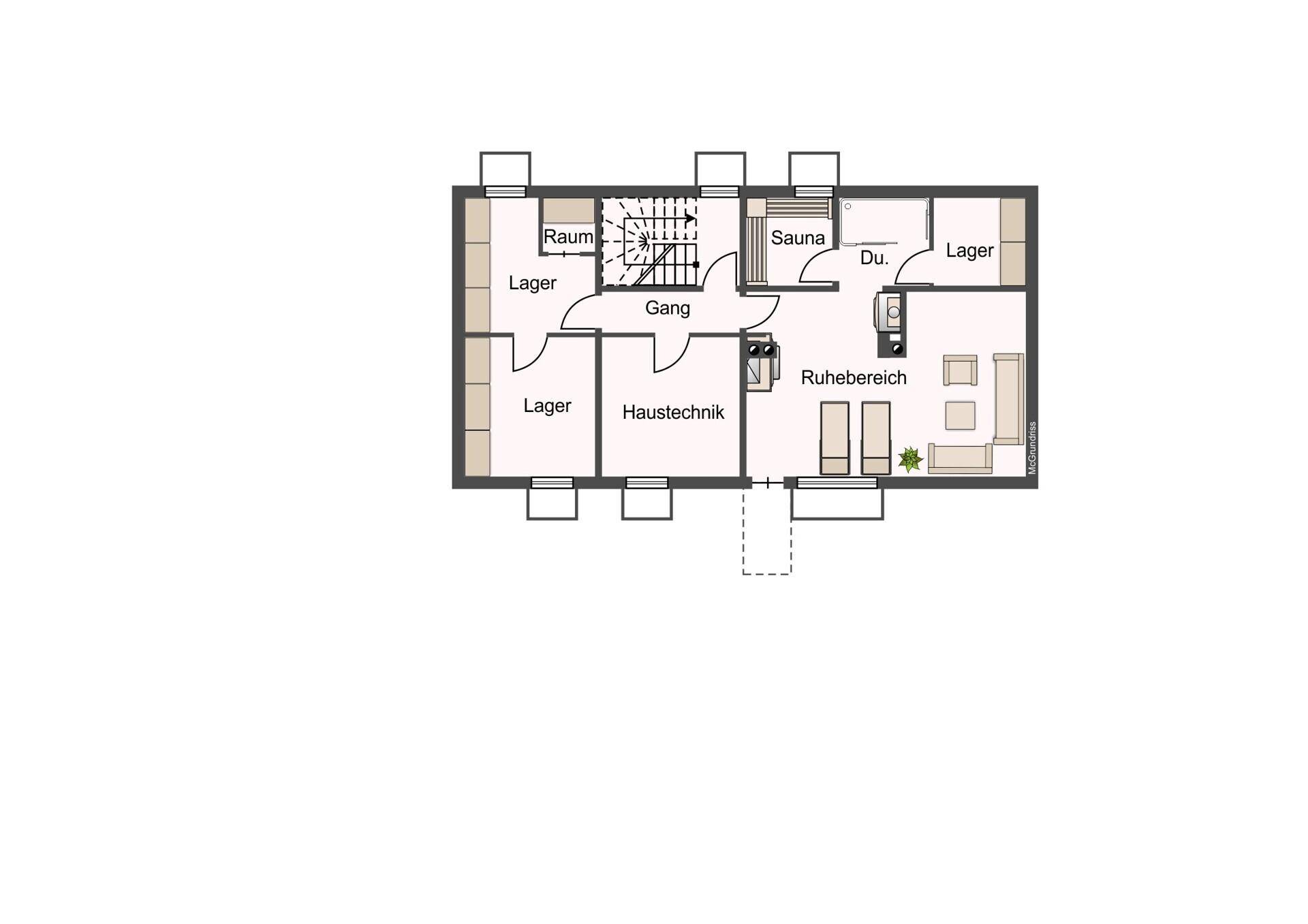 Grundriss des Untergeschosses mit Sauna, Ruheraum, Technikraum und mehreren Lagerräumen.
