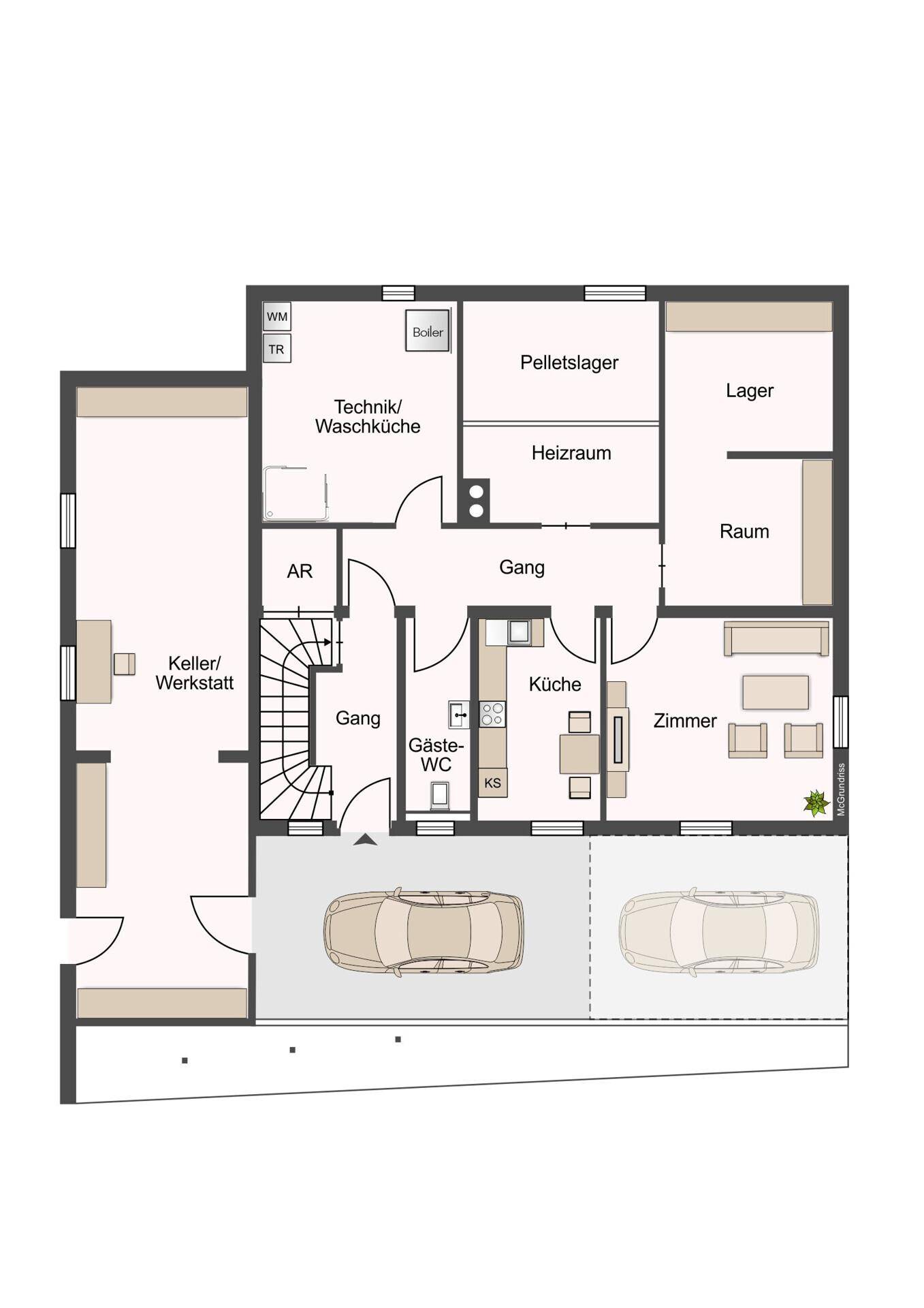 Grundriss des Erdgeschosses mit Garage, Technikraum, Heizraum, Gäste-WC und Keller/Werkstatt.
