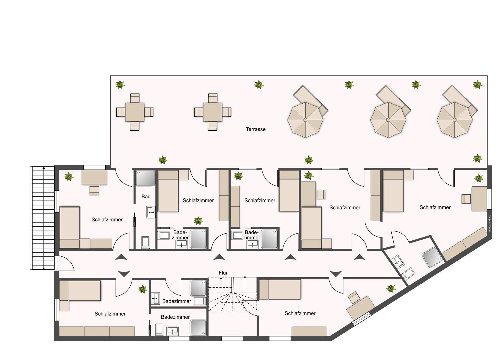Grundriss des Obergeschosses mit mehreren Schlafzimmern, Bädern und einer langen Terrasse.