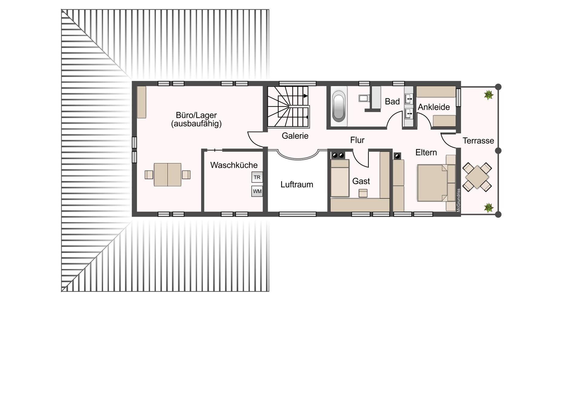 Grundriss des Obergeschosses mit Schlafzimmern, Bad, Ankleide und großer Terrasse.