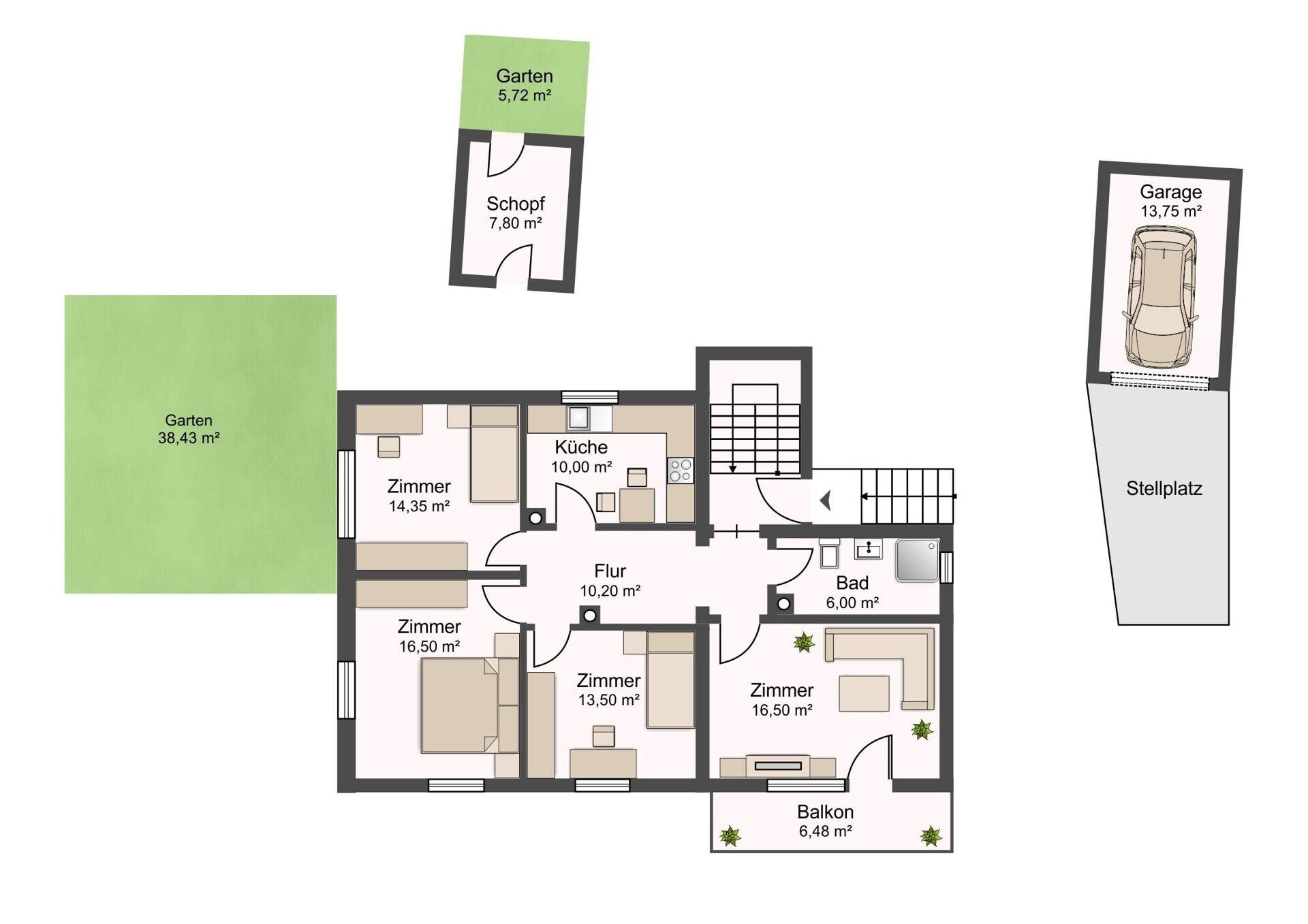 Grundriss der Wohnung mit mehreren Zimmern, Küche, Bad und Balkon.