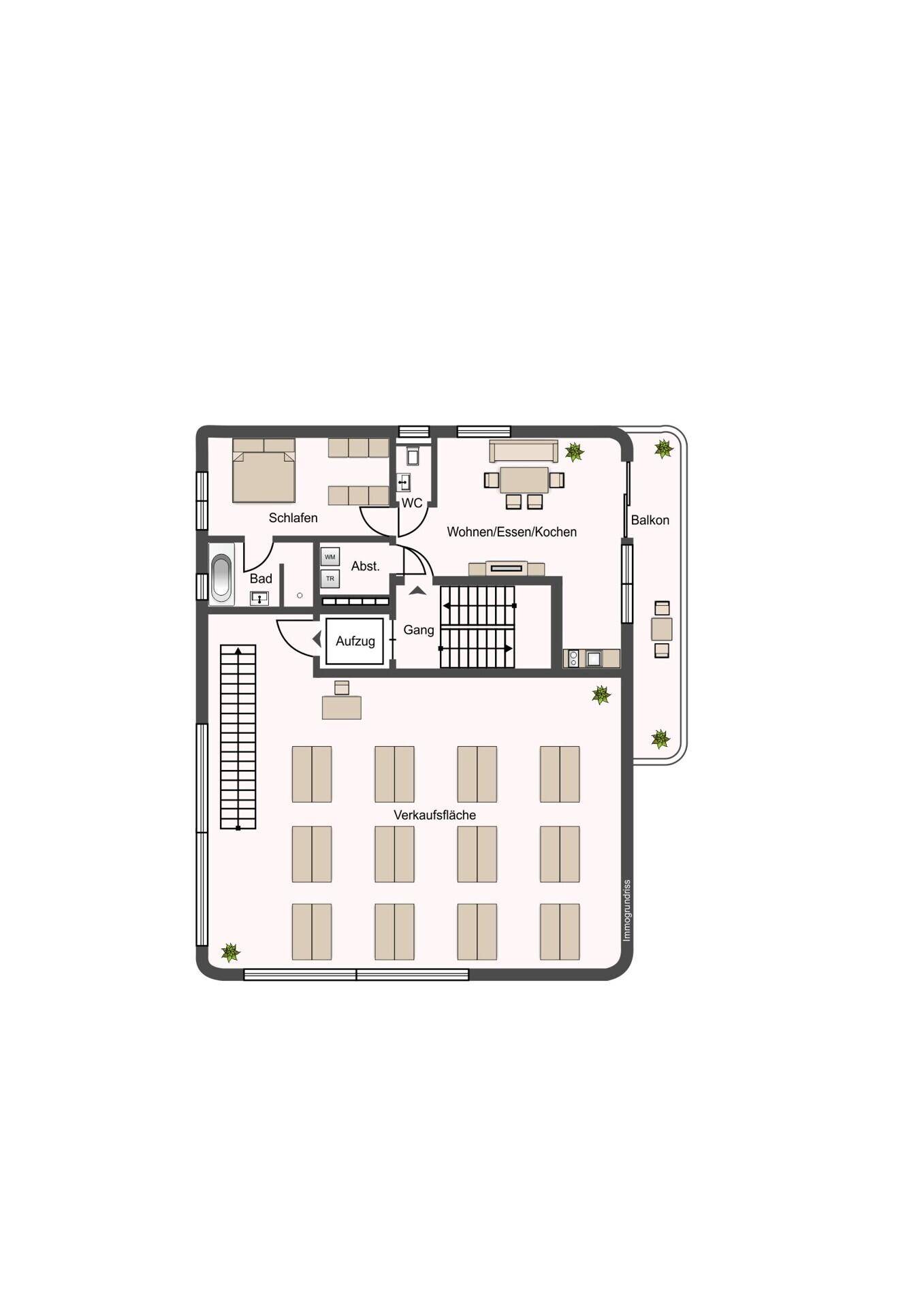 Grundriss einer Wohnung mit Schlafzimmer, Bad, Wohn-Ess-Kochbereich und Balkon.