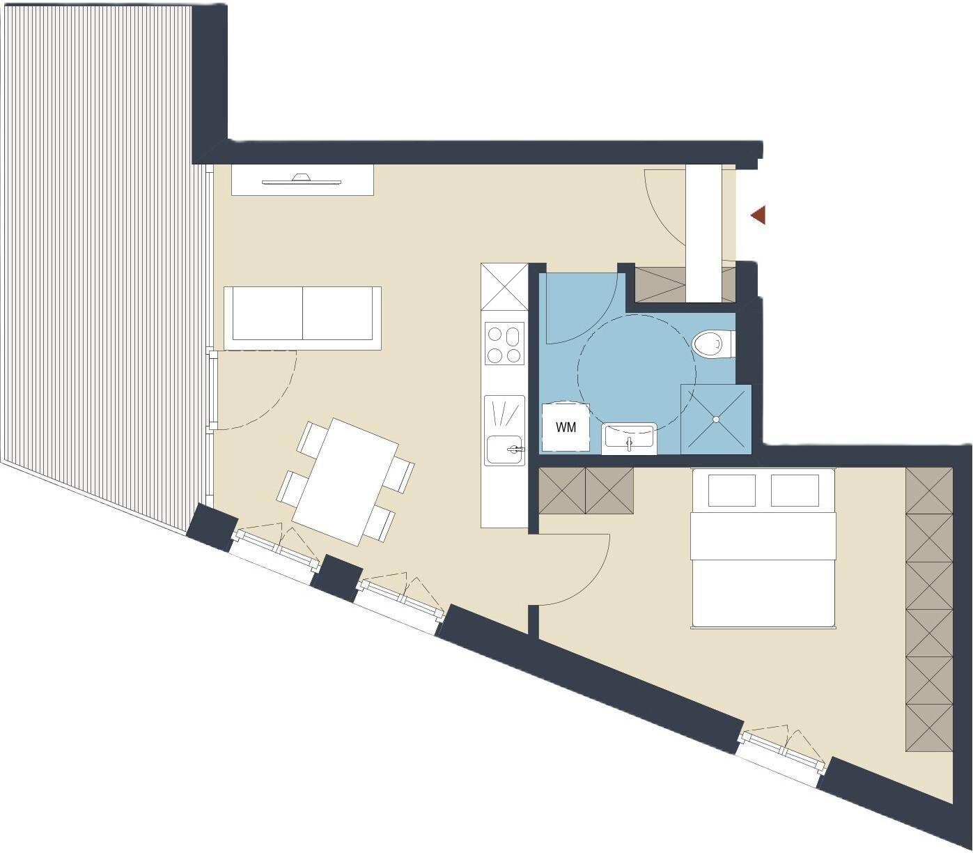 Grundriss einer Wohnung mit offenem Wohnbereich, Schlafzimmer und Balkon.