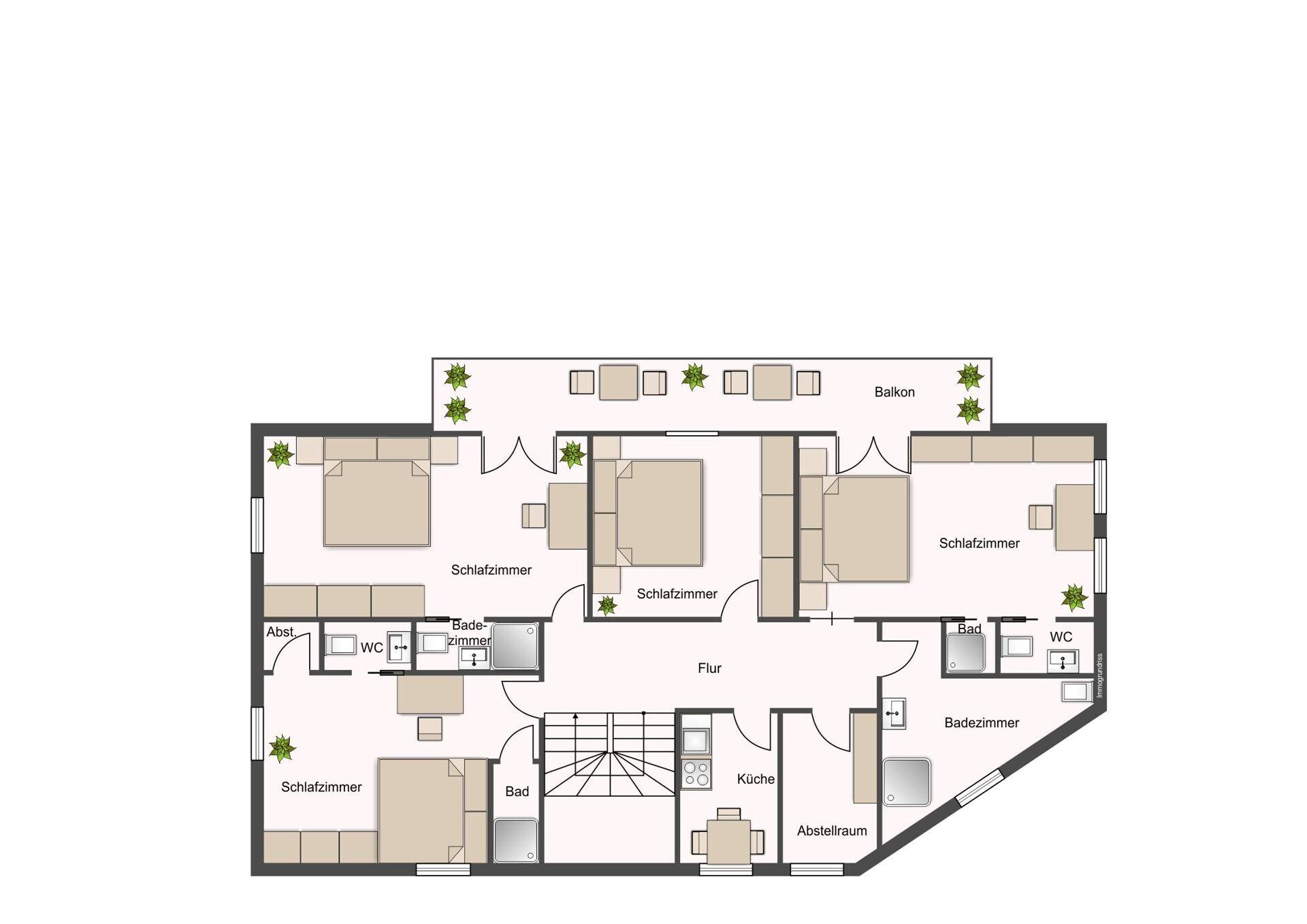 Grundriss des Dachgeschosses mit Schlafzimmern, Bädern, Küche und Balkon.