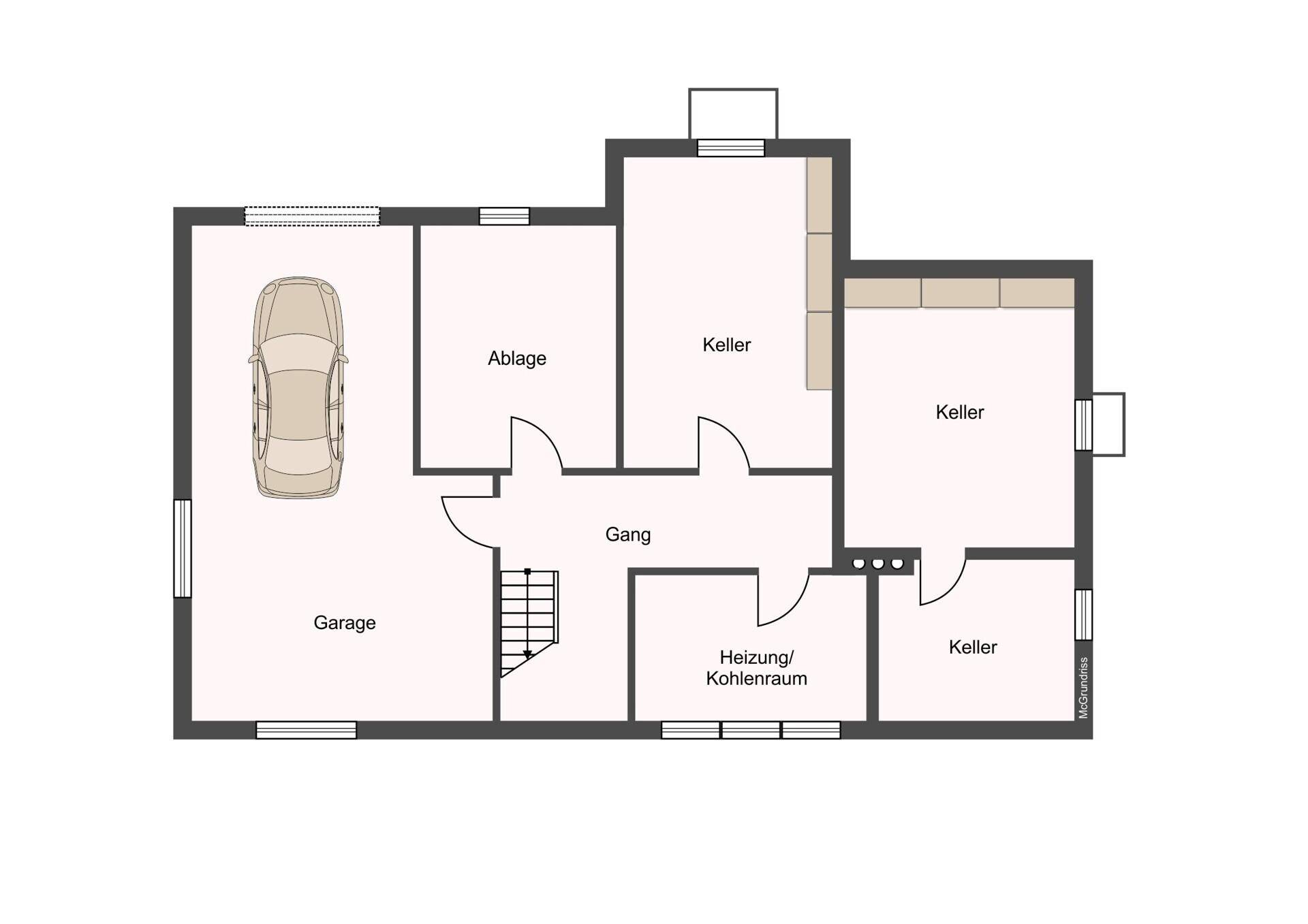 Grundriss des Untergeschosses mit Garage, Abstellraum, Keller und Heizungsraum.