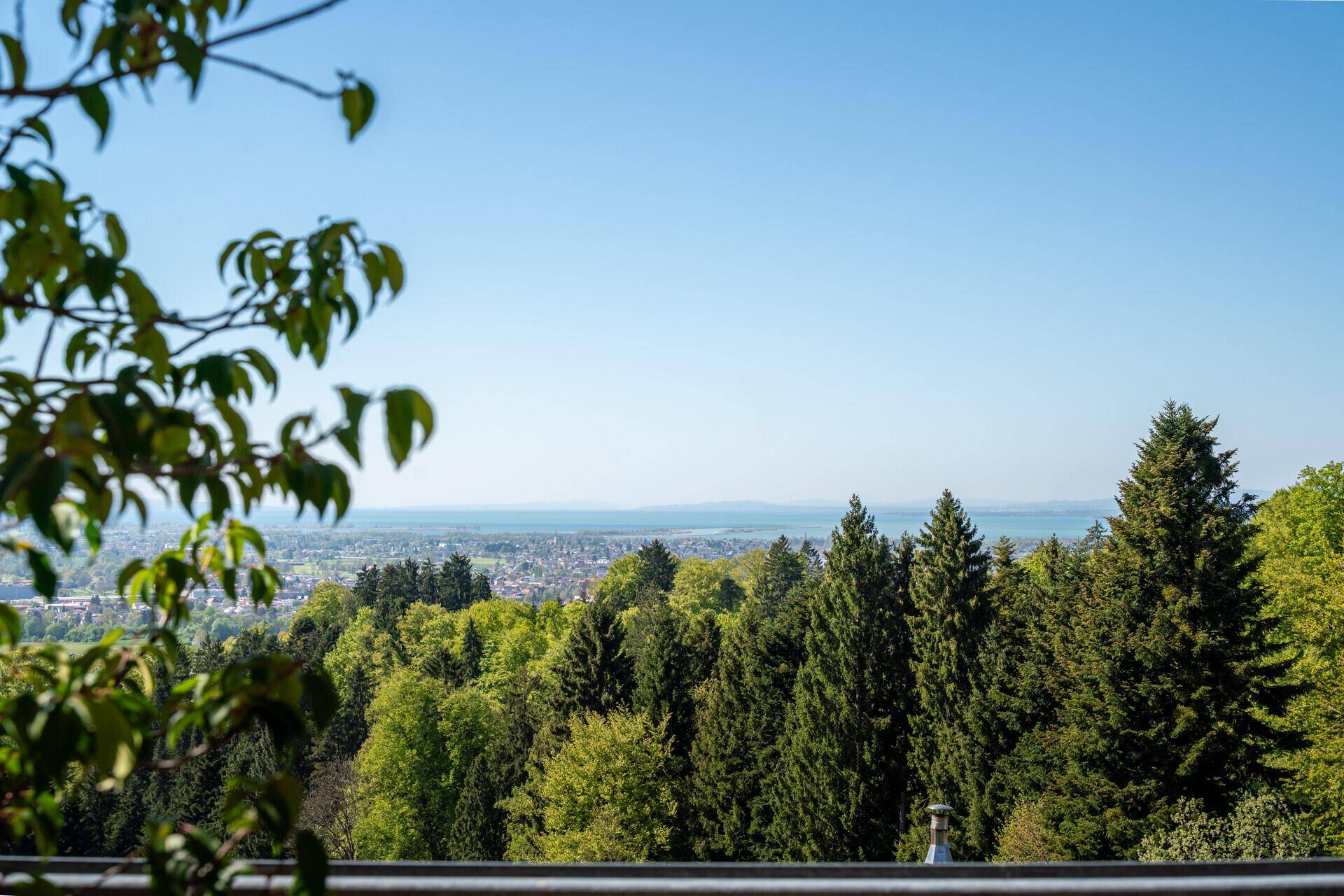 Weitläufiger Blick über bewaldete Hügel und eine Stadt am See unter klarem Himmel.