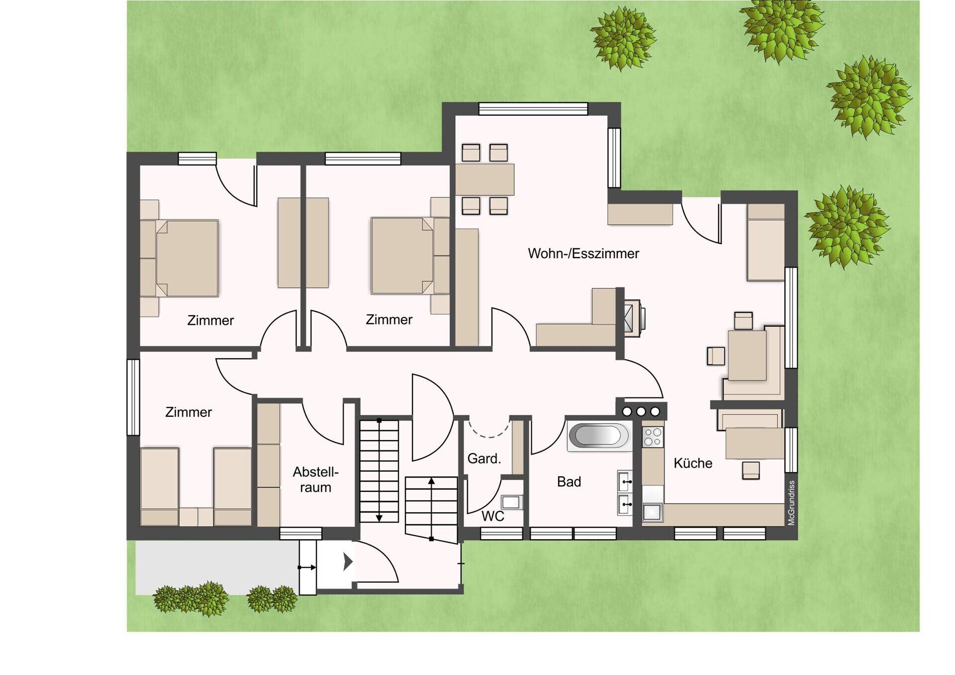 Grundriss des Erdgeschosses mit Wohn-Esszimmer, Küche, Bad und drei weiteren Zimmern.