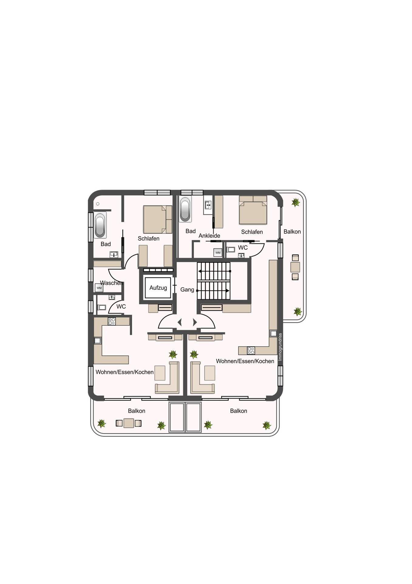 Grundriss einer größeren Wohnung mit zwei Schlafzimmern, zwei Bädern und Balkonen.