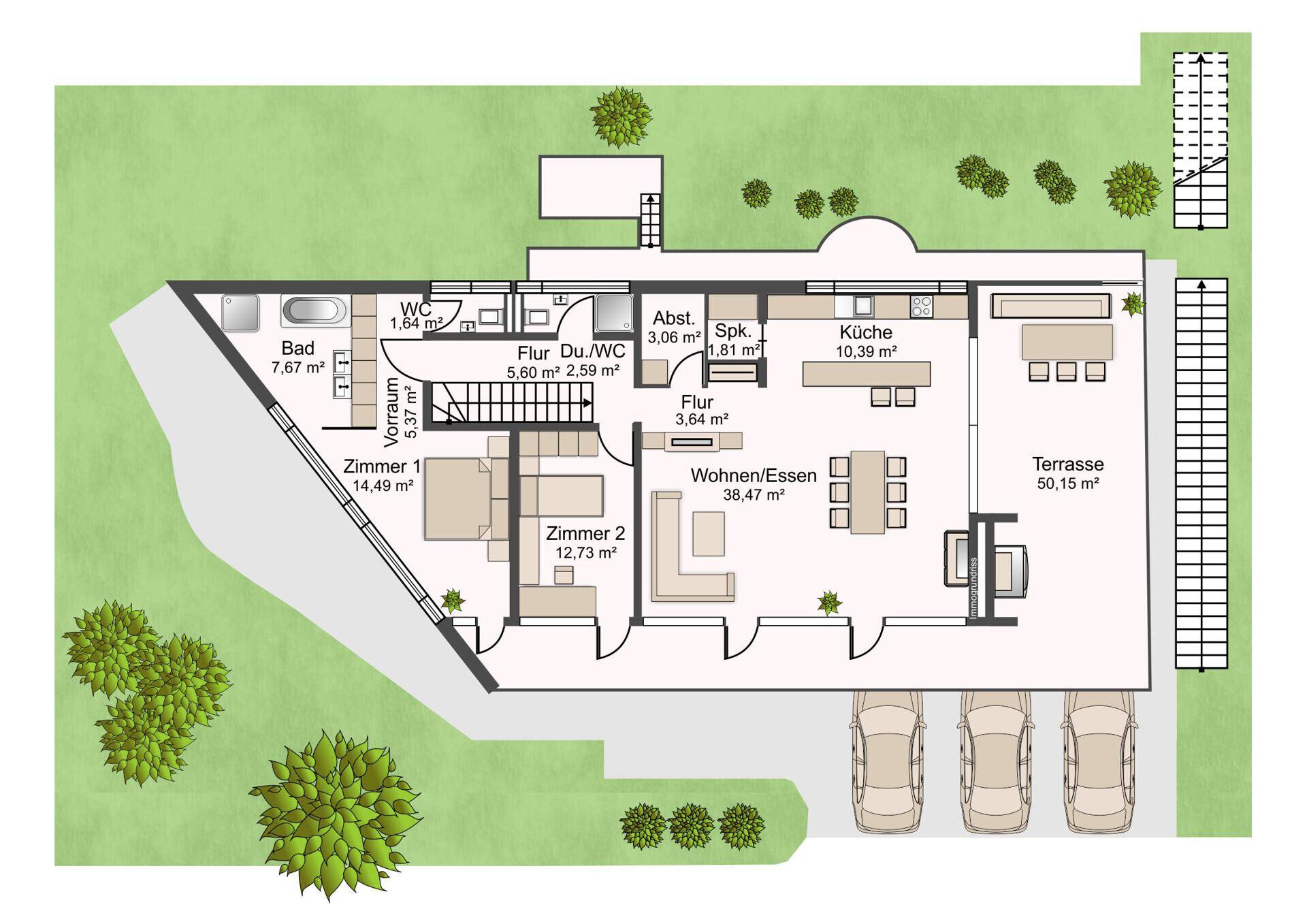 Grundriss des Erdgeschosses mit offenem Wohn-/Essbereich, Küche, zwei Zimmern und großer Terrasse.