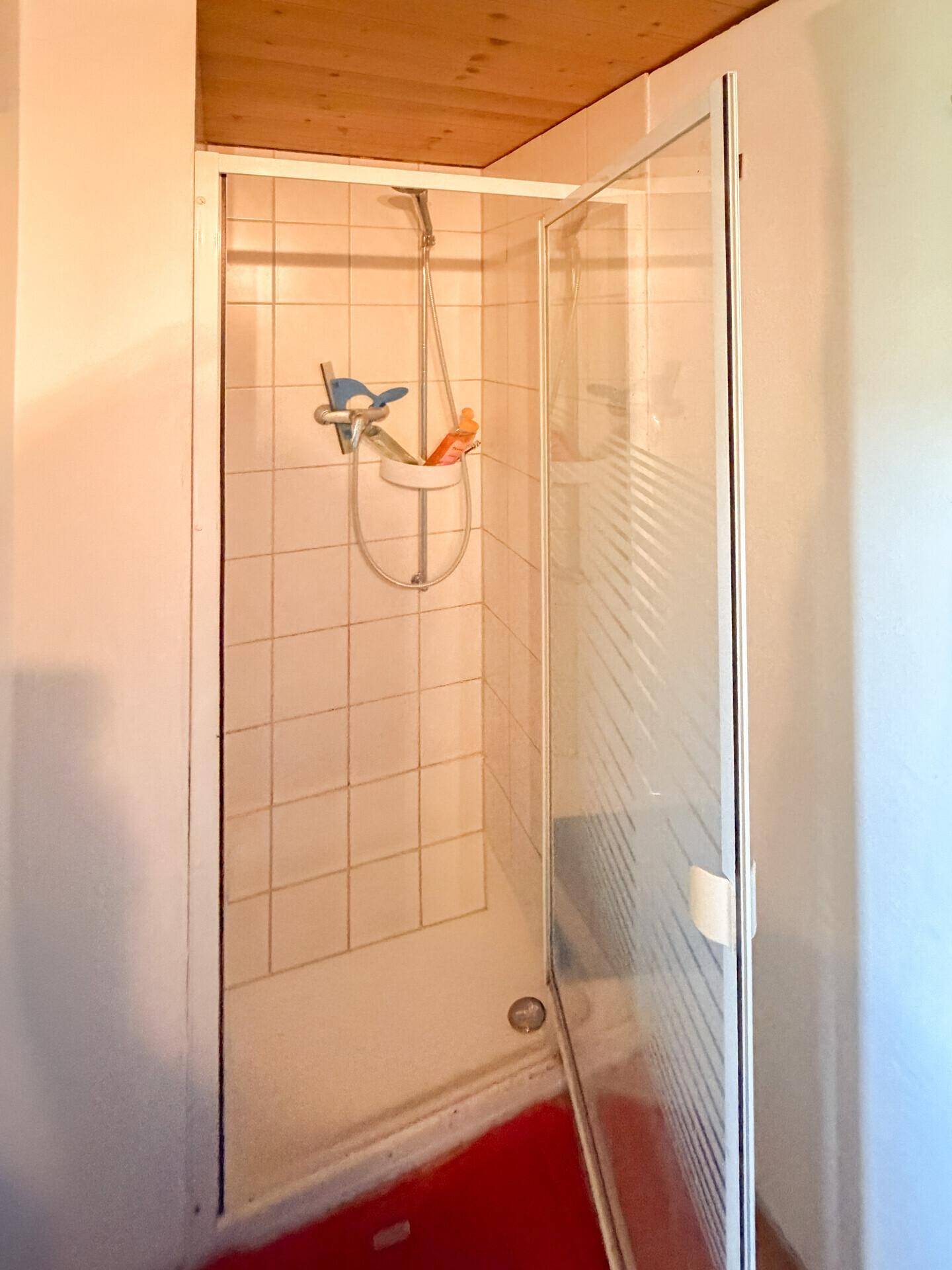 Duschkabine mit weißen Fliesen und einer Glastür, ergänzt durch eine Holzdecke.