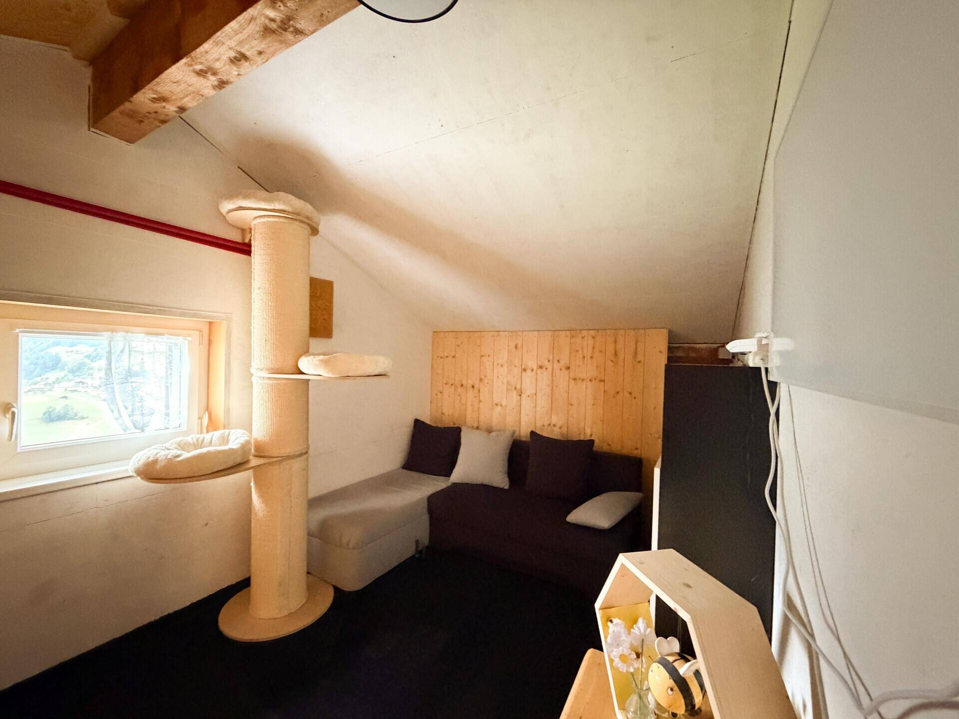 Gemütliche Ecke im Dachgeschoss mit Sofa, Katzenbaum und schräger Decke.