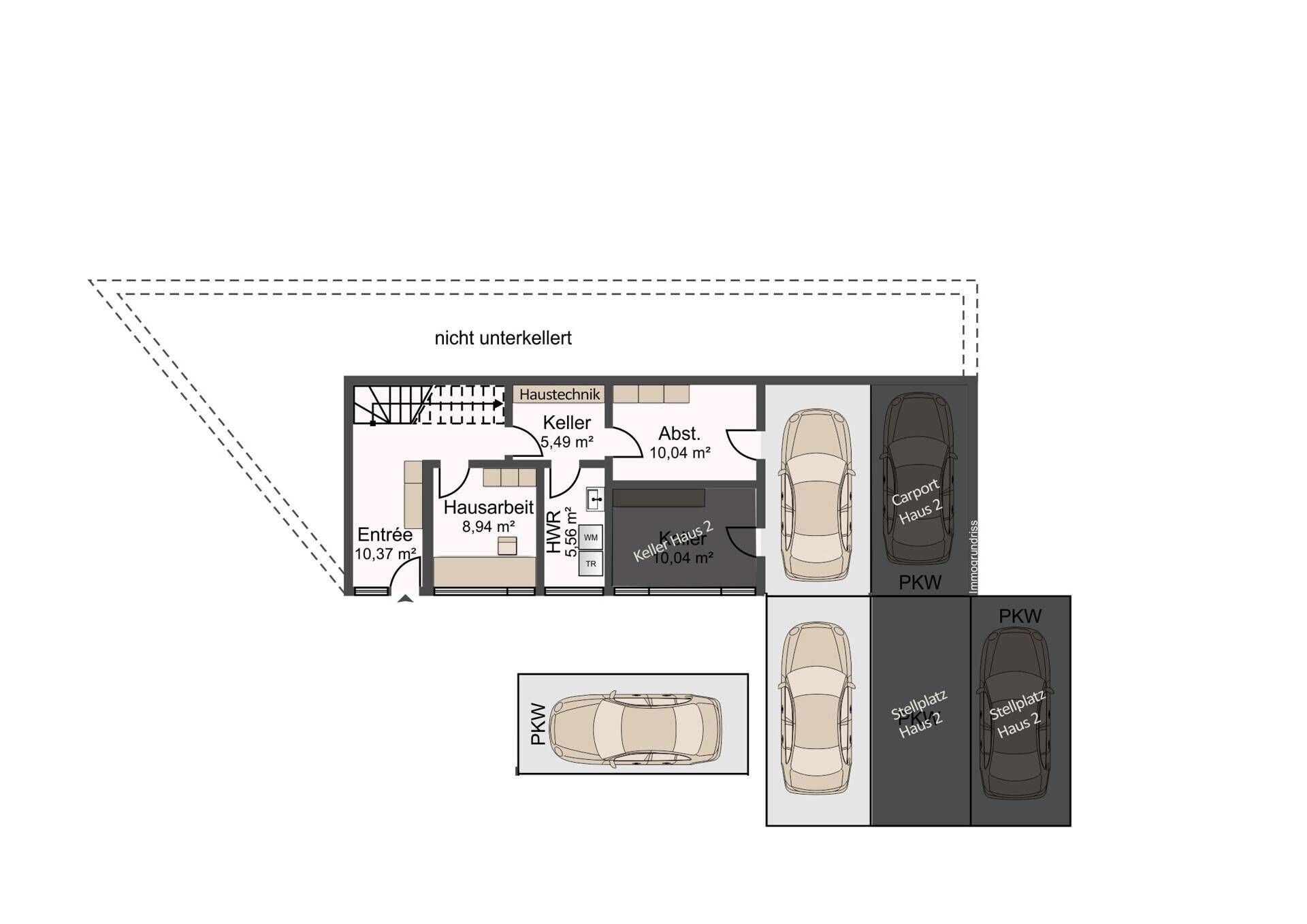 Grundriss des Untergeschosses mit Technikraum, Kellerabteilen und Carport-Stellplätzen.