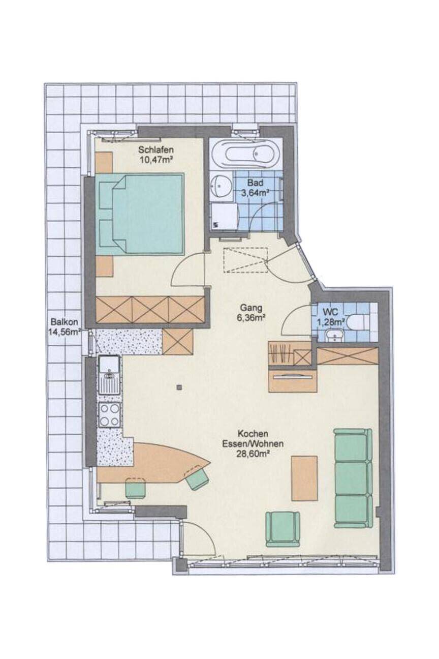 Grundriss der Wohnung mit Schlafzimmer, Bad, WC und offenem Wohnbereich.