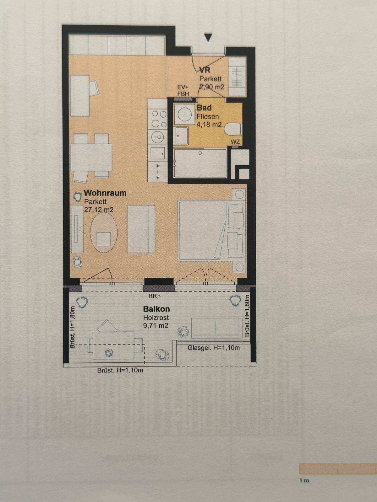 Grundriss einer Wohnung mit Wohnraum, Küche, Bad und einem Balkon von 9,71 m².