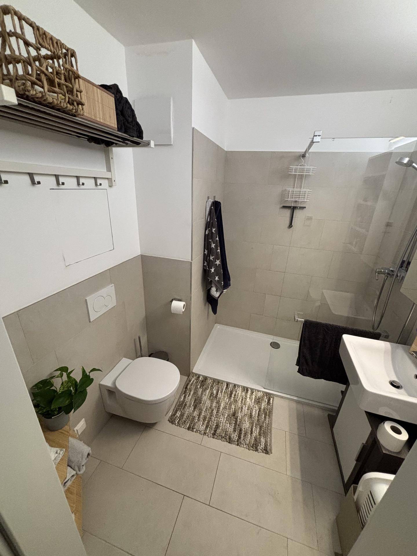 Modernes Badezimmer mit begehbarer Dusche, wandhängendem WC und hellem Fliesenboden.