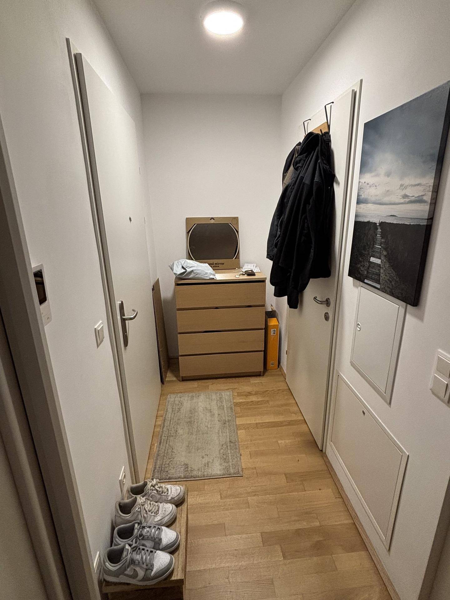 Heller Flur mit Kommode, Garderobe und Holzboden.