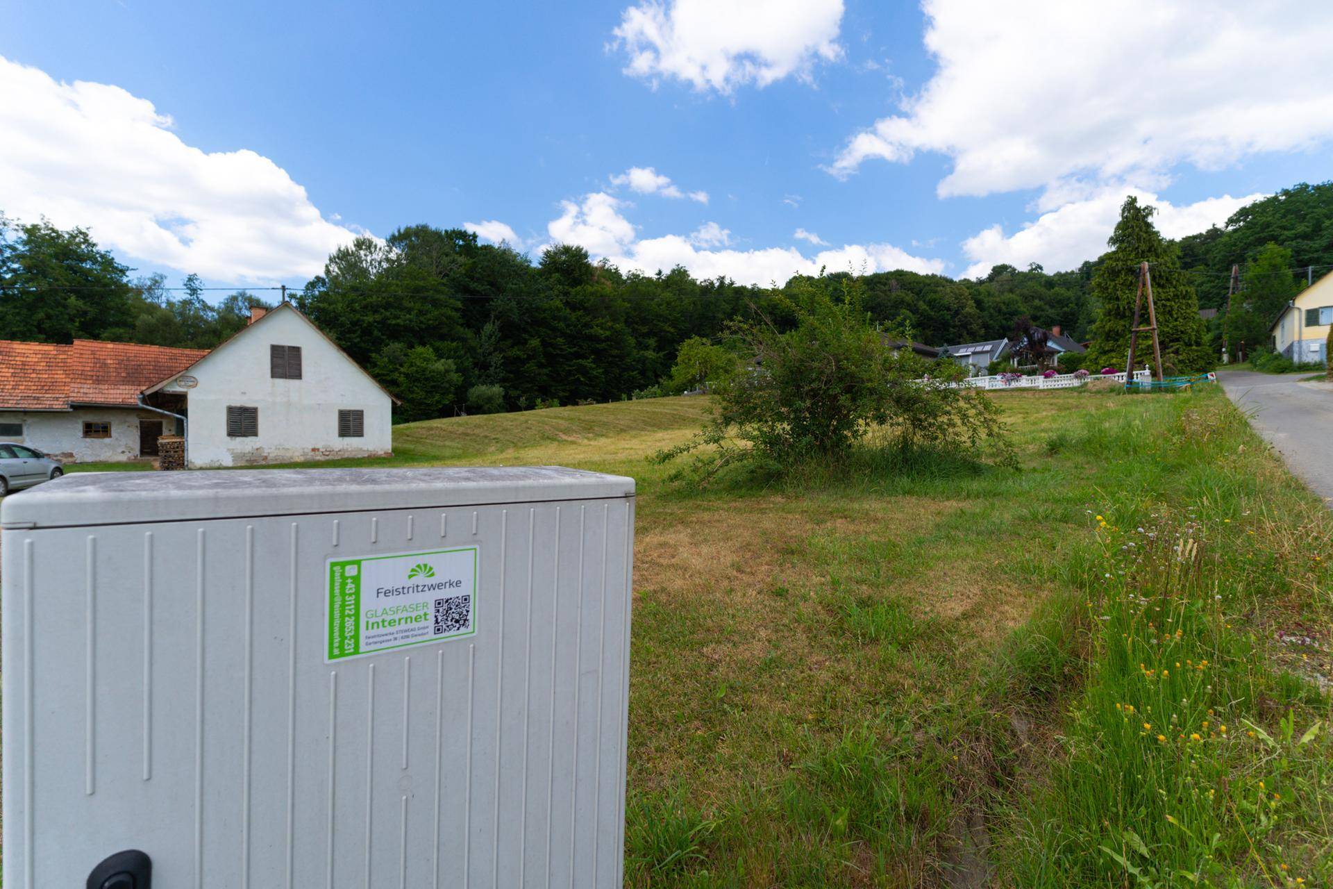 Grüne Wiese mit einem Versorgungsverteilerkasten, alten Häusern und Wald im Hintergrund.