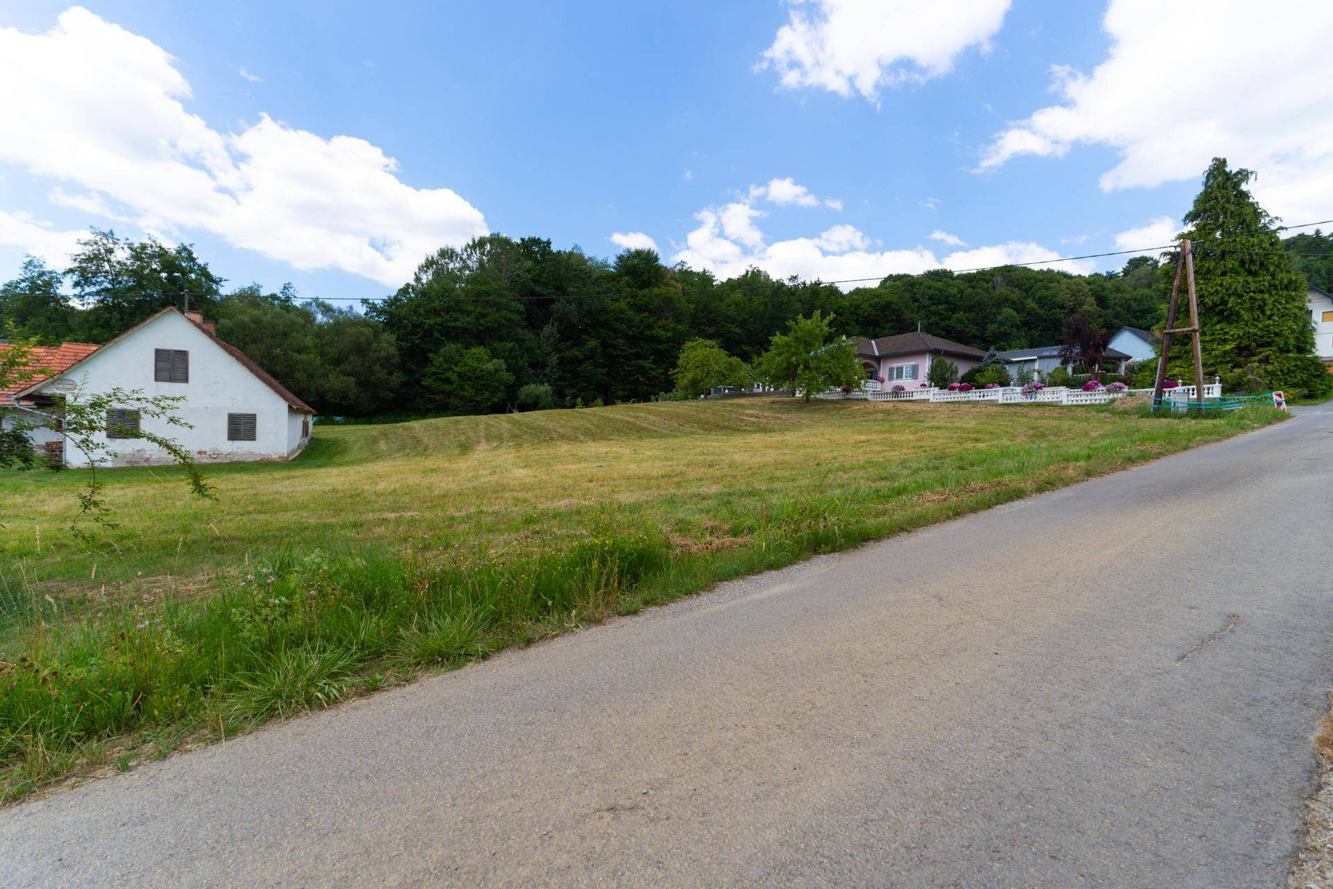 Ländliche Straße führt entlang eines Feldes mit alten und neuen Häusern am Horizont.