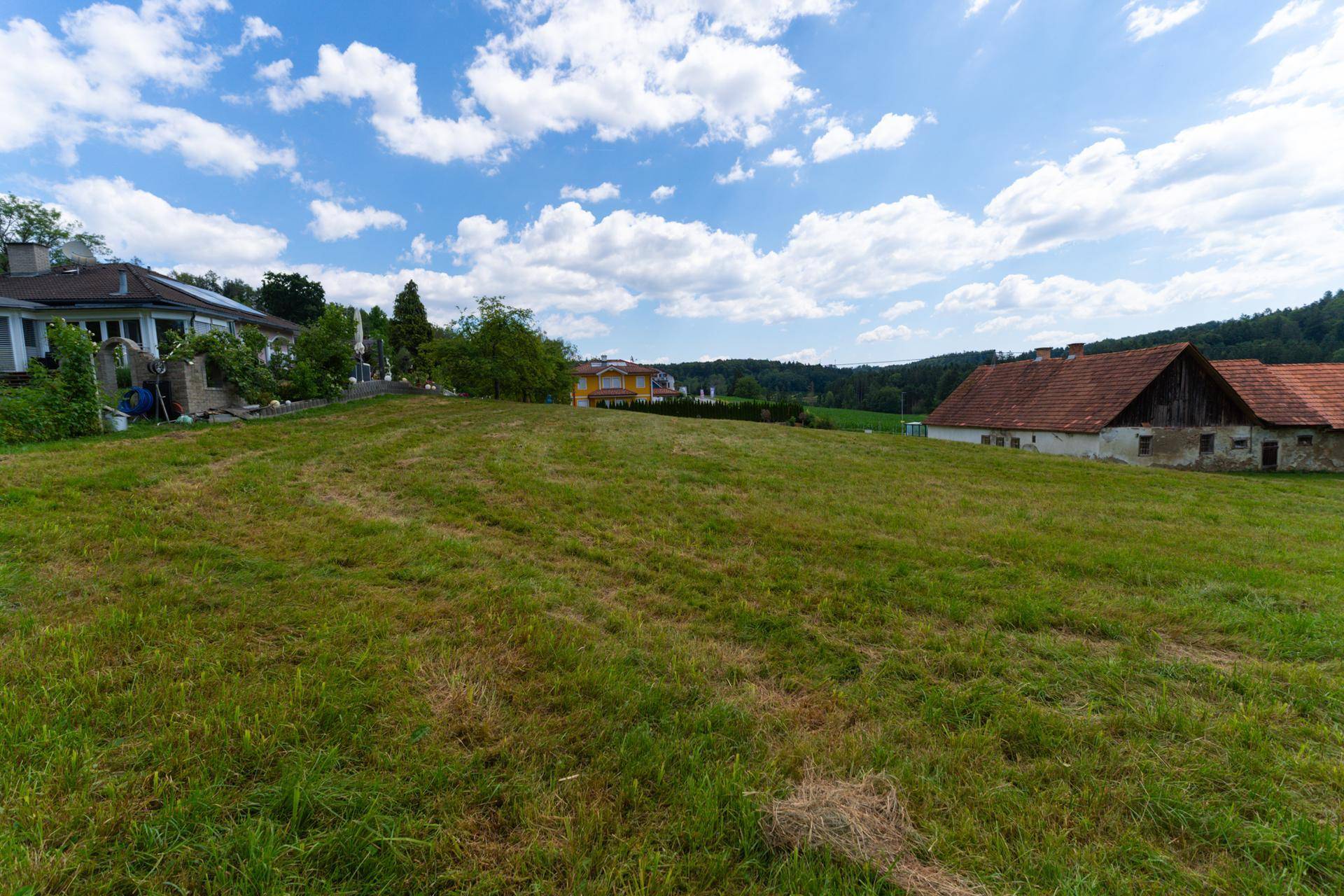 Grüne Wiese mit einem alten Bauernhaus und modernen Wohnhäusern in der Ferne.