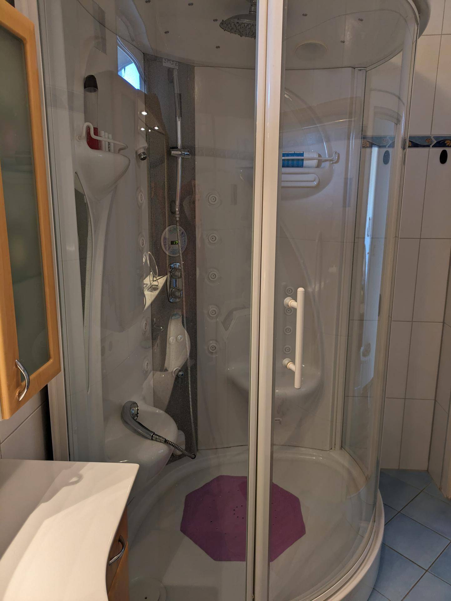 Moderne Duschkabine mit Glaswänden, integrierten Düsen und Haltegriffen für Komfort.