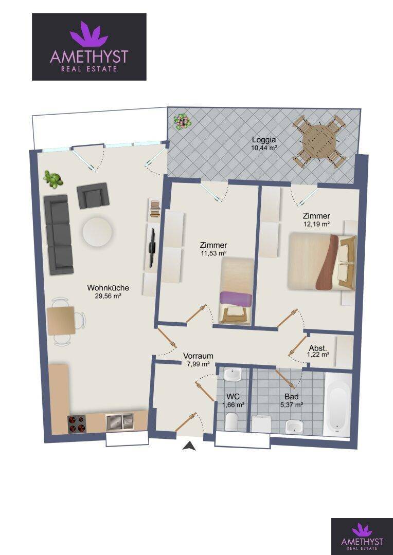 Grundriss der Wohnung mit Wohnküche, zwei Zimmern, Bad, WC und Loggia.