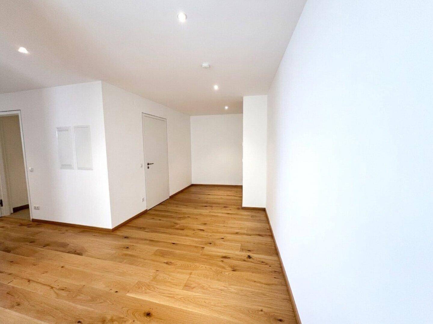 Geräumiger Flur mit Holzboden und schlichten weißen Wänden, modern und hell.